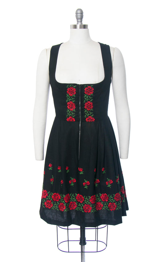 Vintage 1960s Dirndl Dress | 60s Floral Embroidered Border Print Cotton Sundress Black Red Full Skirt Oktoberfest Dirndl (medium)