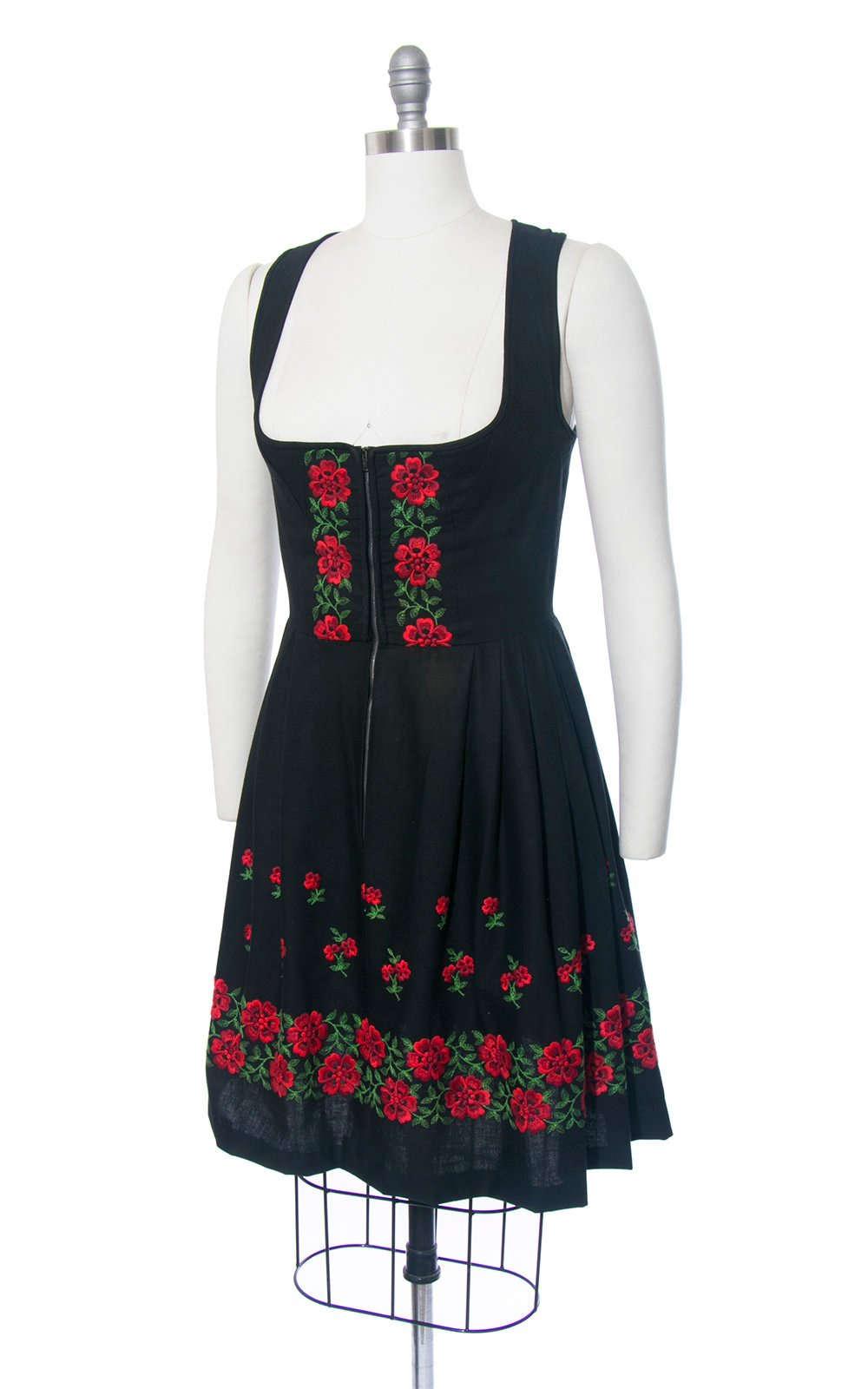Vintage 1960s Dirndl Dress | 60s Floral Embroidered Border Print Cotton Sundress Black Red Full Skirt Oktoberfest Dirndl (medium)