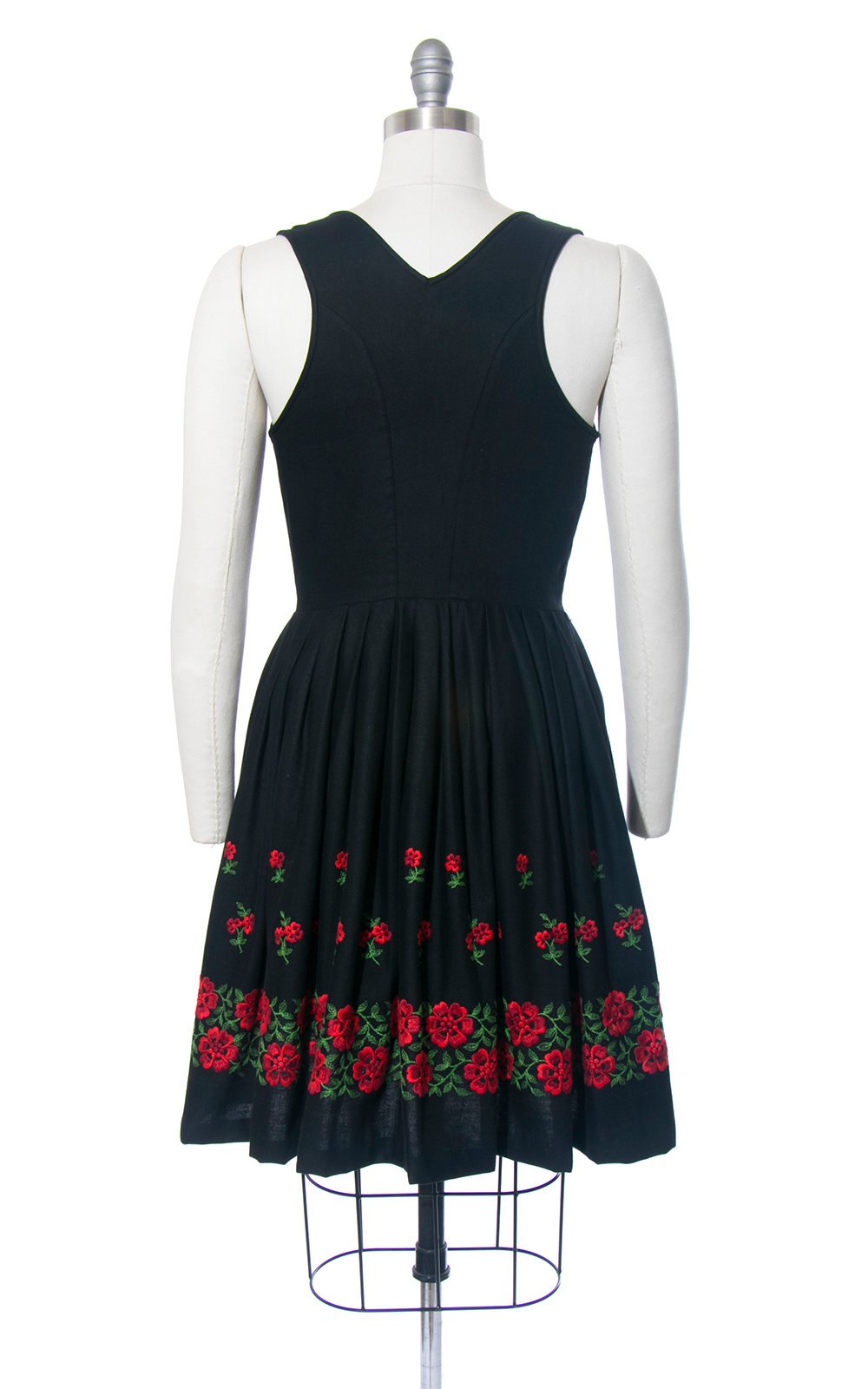 Vintage 1960s Dirndl Dress | 60s Floral Embroidered Border Print Cotton Sundress Black Red Full Skirt Oktoberfest Dirndl (medium)