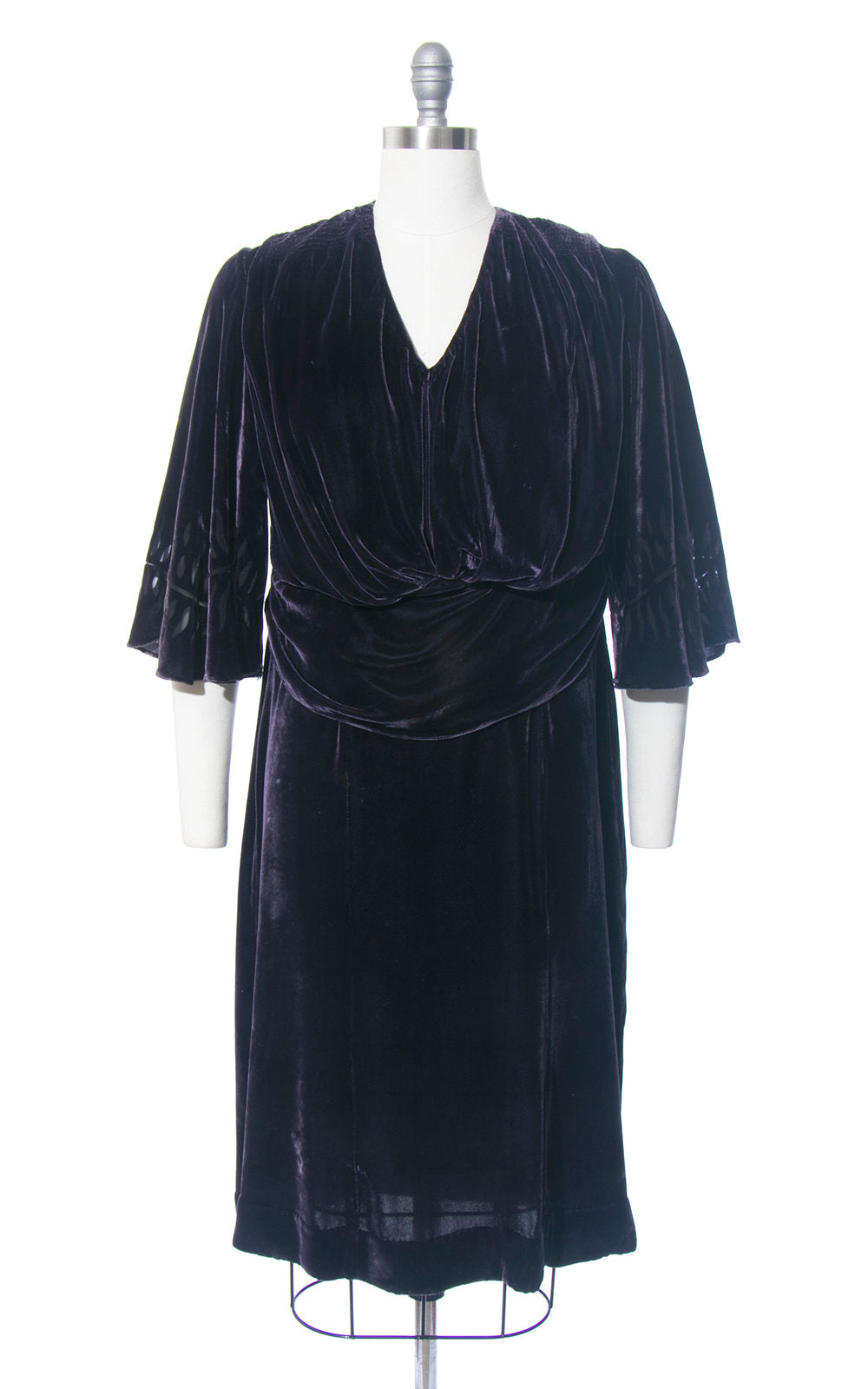 Vintage 1930s Dress | 30s Silk Velvet Sheer Leaf Burnout Dramatic Butterfly Sleeve Dark Blue Purple Formal Evening Gown (medium/large)