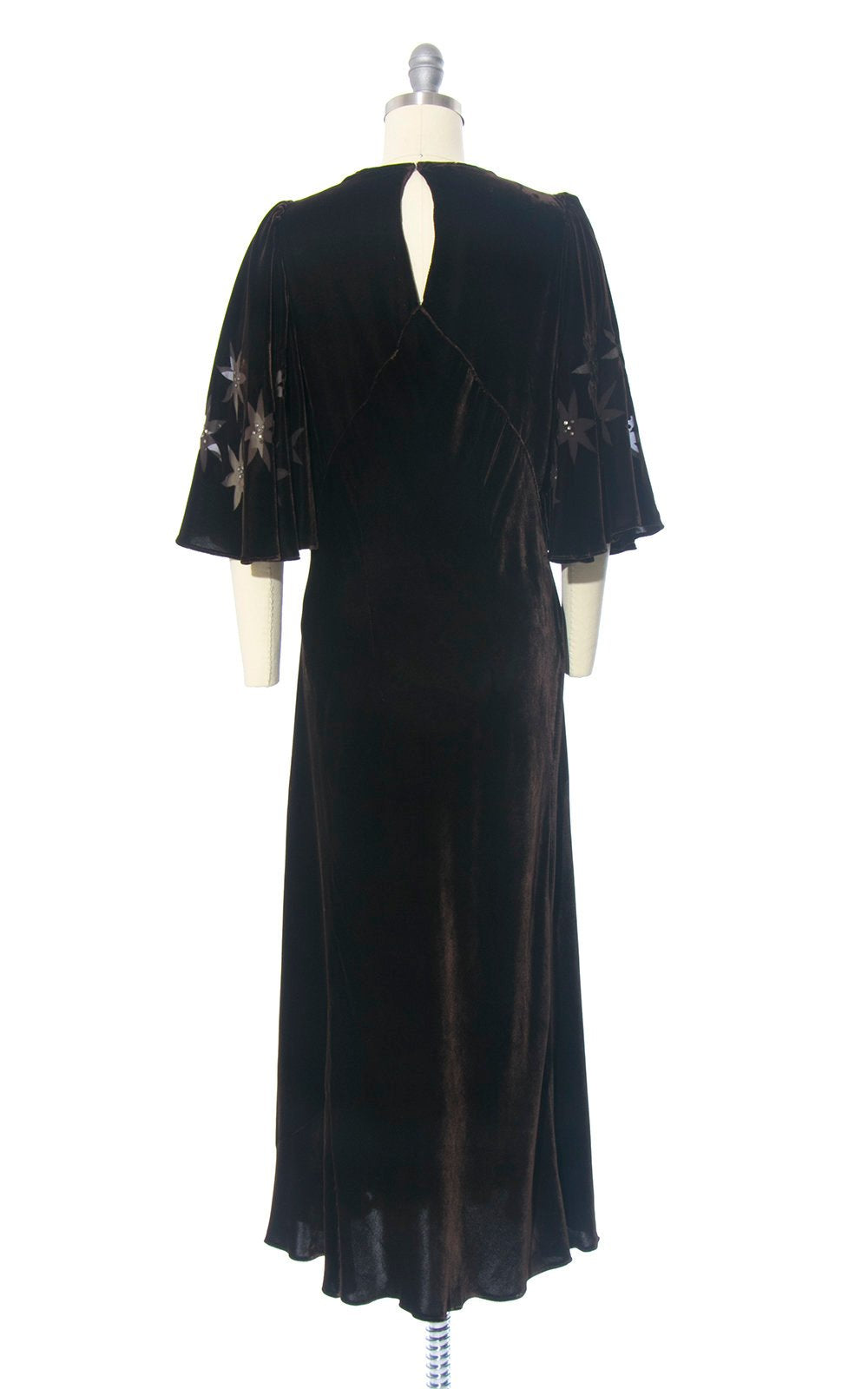 Vintage 1930s Dress | 30s Brown Silk Velvet Rhinestone Sheer Burnout Stars Dramatic Butterfly Sleeve Formal Evening Gown (small/medium)