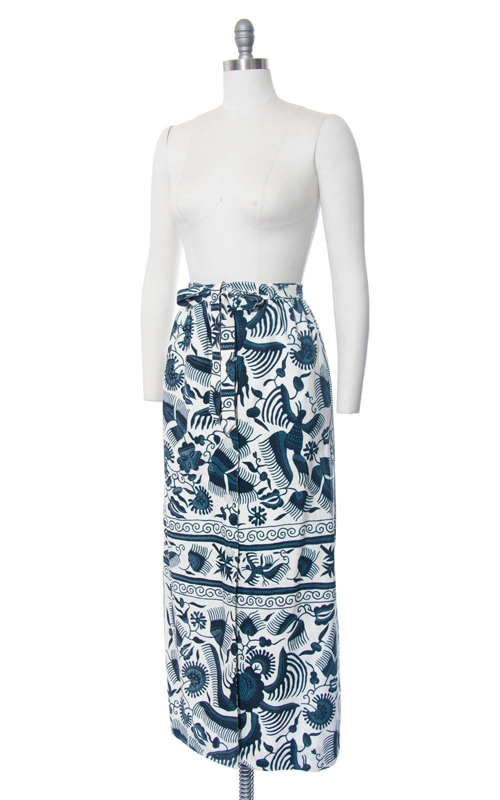 Vintage 1970s Skirt | 70s Floral Bird Batik Print Cotton Button Up Blue Cream Belted High Waisted Boho Maxi Skirt (medium)