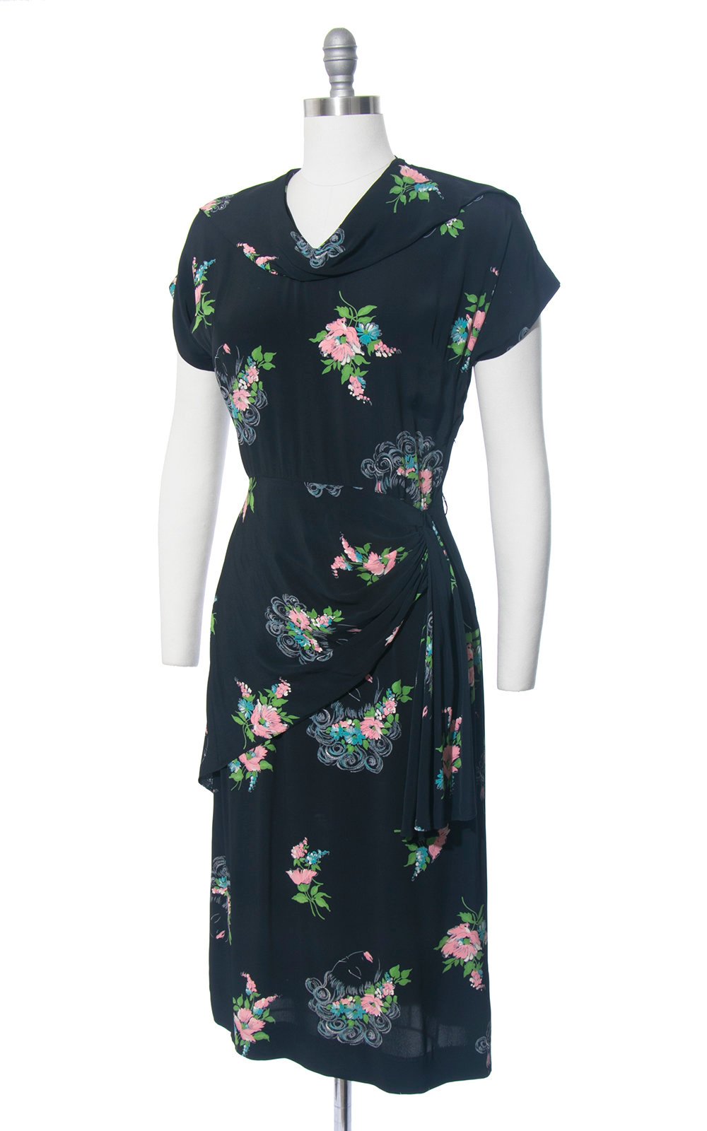 Vintage 1940s Dress | 40s Floral Novelty Print Rayon Lady Faces Printed Navy Blue Cocktail Evening Dress (small/medium)