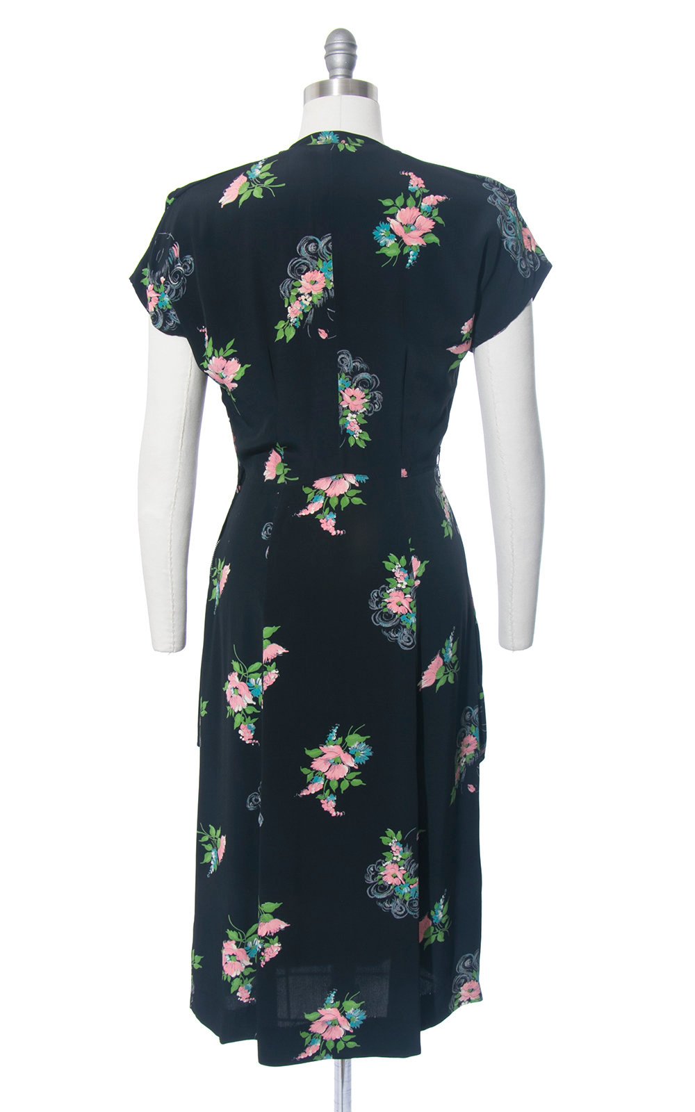 Vintage 1940s Dress | 40s Floral Novelty Print Rayon Lady Faces Printed Navy Blue Cocktail Evening Dress (small/medium)