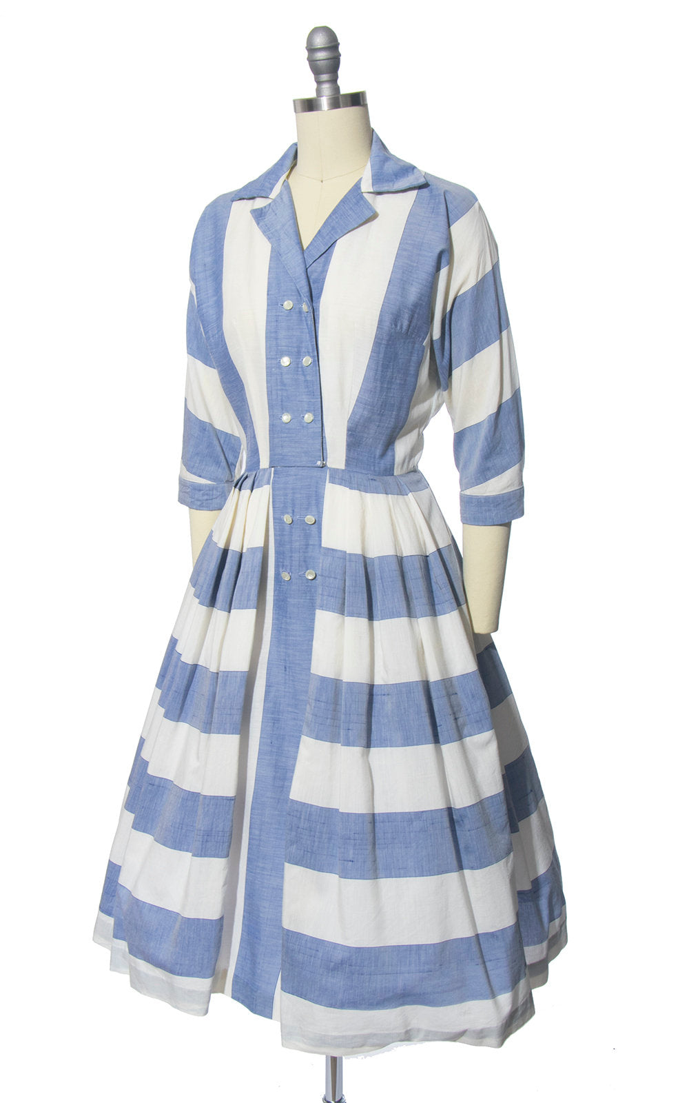 Vintage 1950s Dress | 50s Striped Blue White Cotton Chambray Shirtwaist Full Skirt Shirt Dress (x-small)