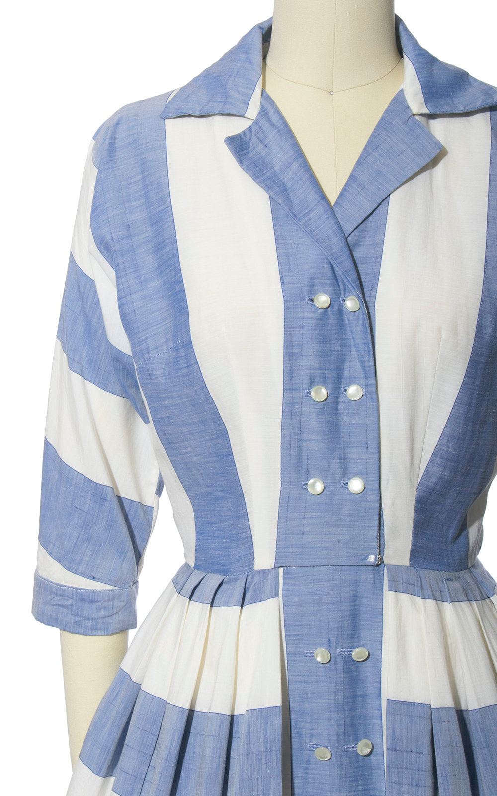 Vintage 1950s Dress | 50s Striped Blue White Cotton Chambray Shirtwaist Full Skirt Shirt Dress (x-small)