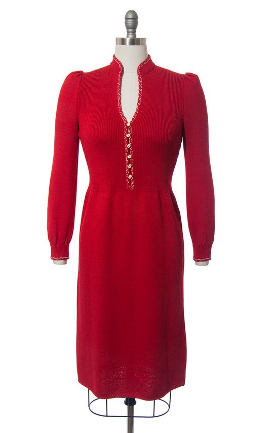 Vintage 1980s Dress | 80s ST JOHN Red Knit Button Up Long Puff Sleeve Day Dress (small/medium)