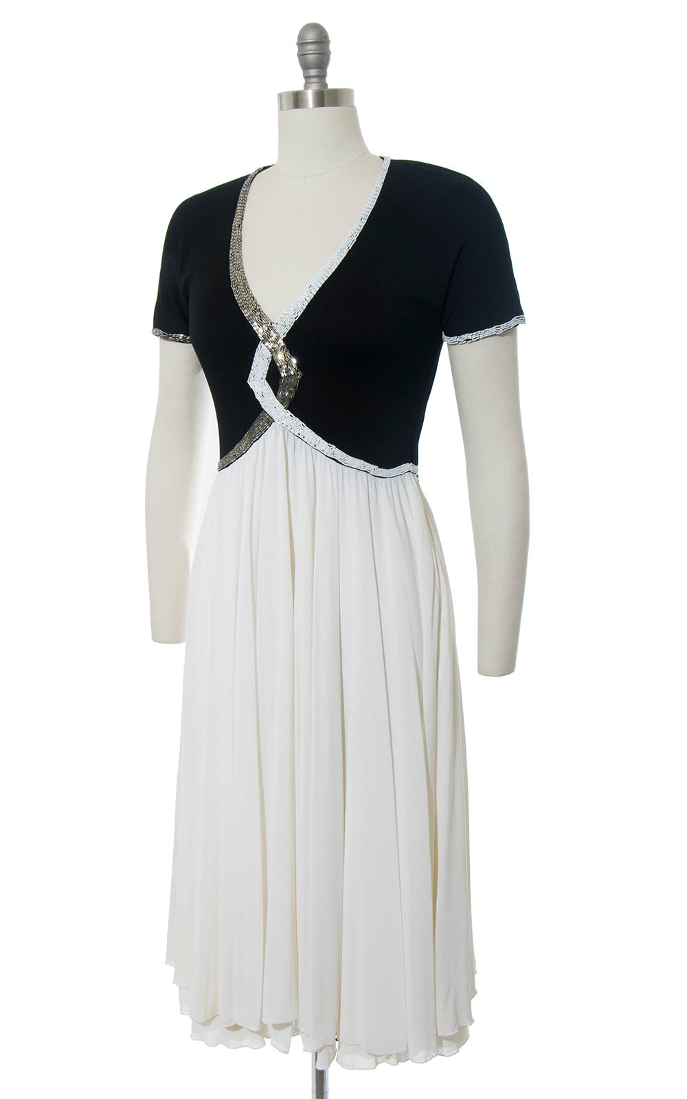 Vintage 1940s Style Dress | Beaded Jersey Knit Evening Gown Color Block Black White Party Dress (medium)