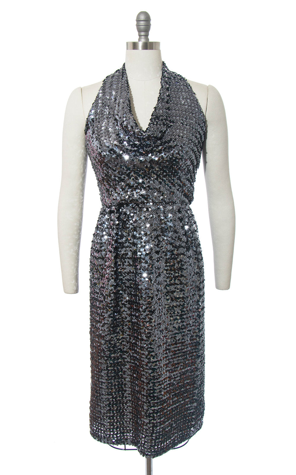 Vintage 1970s Dress | 70s Sequin Halter Sparkly Silver Cowl Halter Neck Wiggle Party Dress (small)