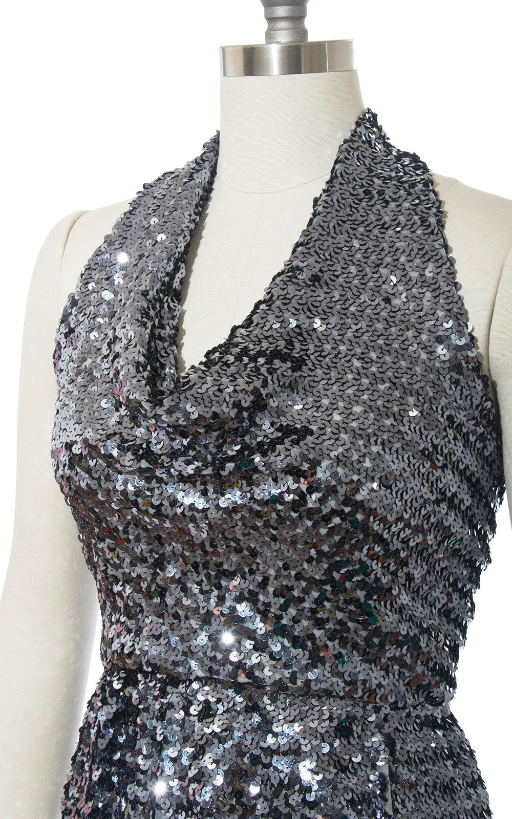 70s sequin dress 1970s Silver Sequin Halter Party Dress