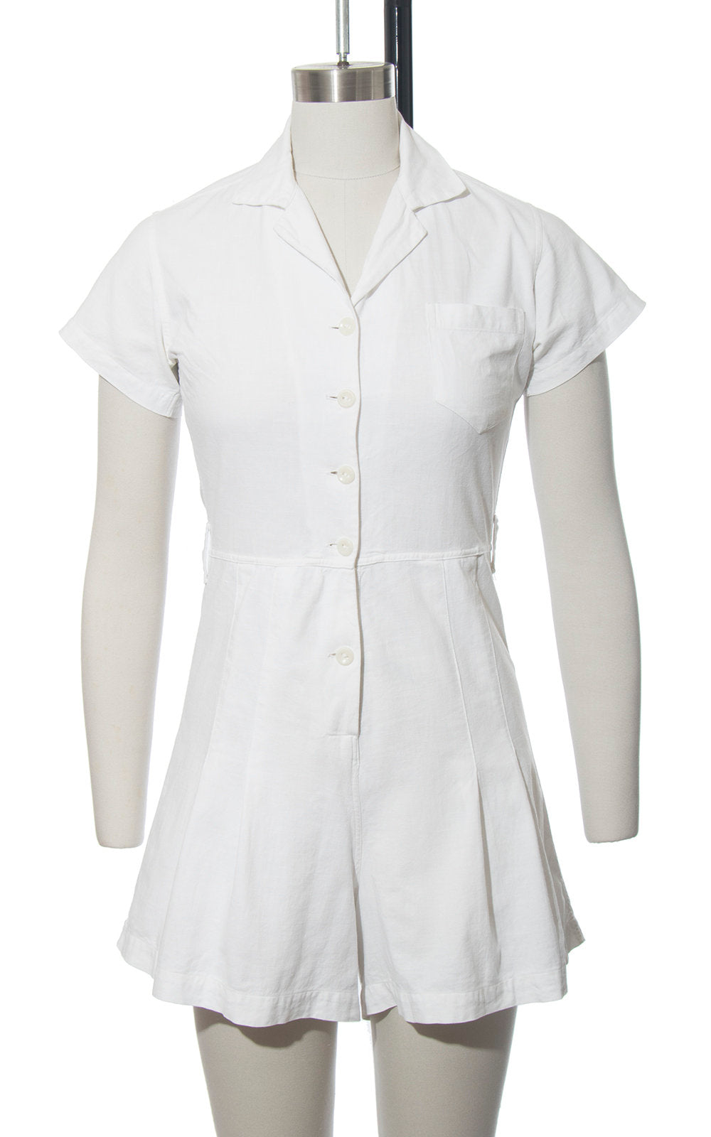 Vintage 1940s Playsuit | 40s White Cotton Romper Sportswear One Piece Gym Uniform (small)