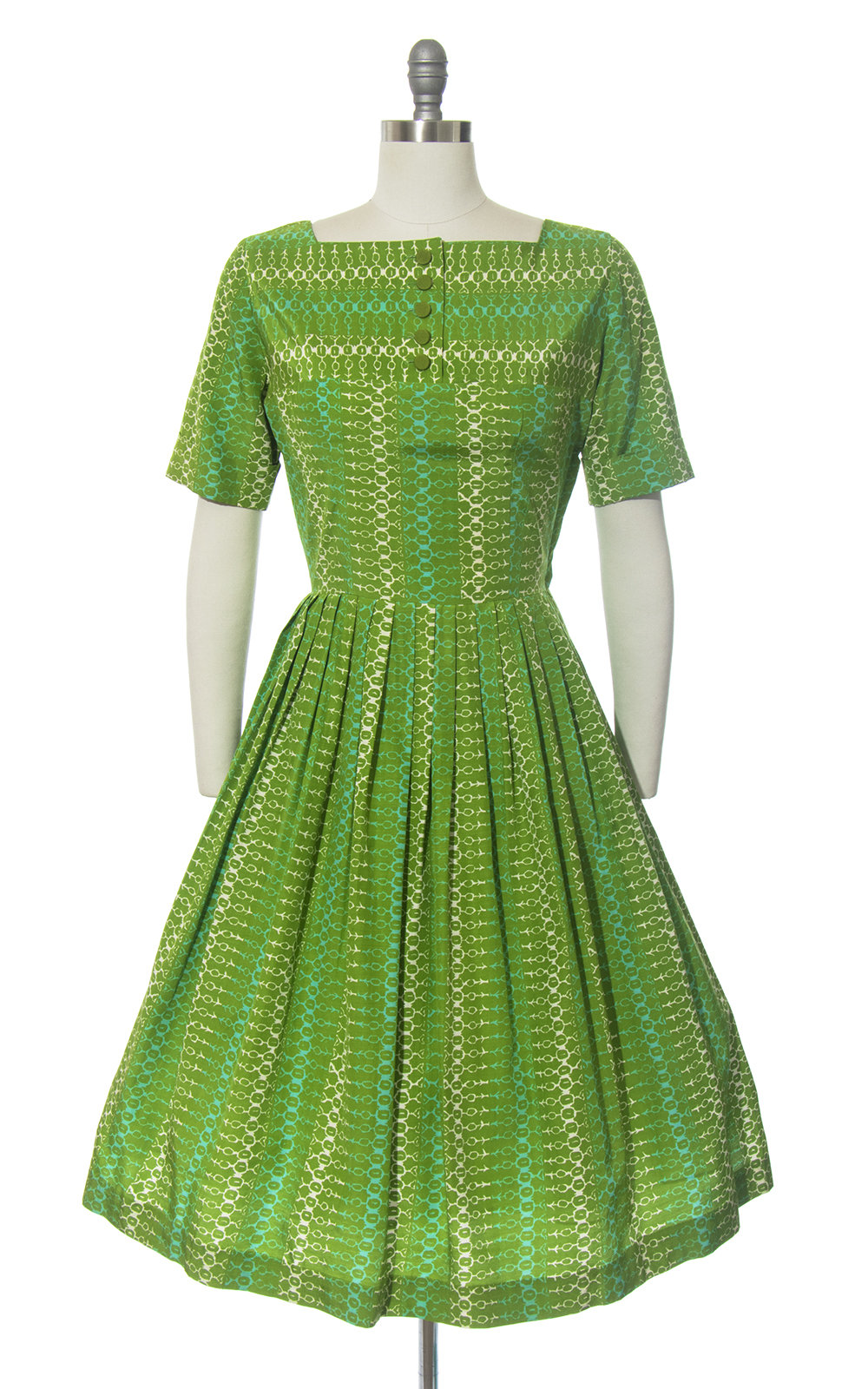 Vintage 1950s | 50s Striped Printed Green Turquoise Rayon Cotton Full Skirt Day Dress (medium)