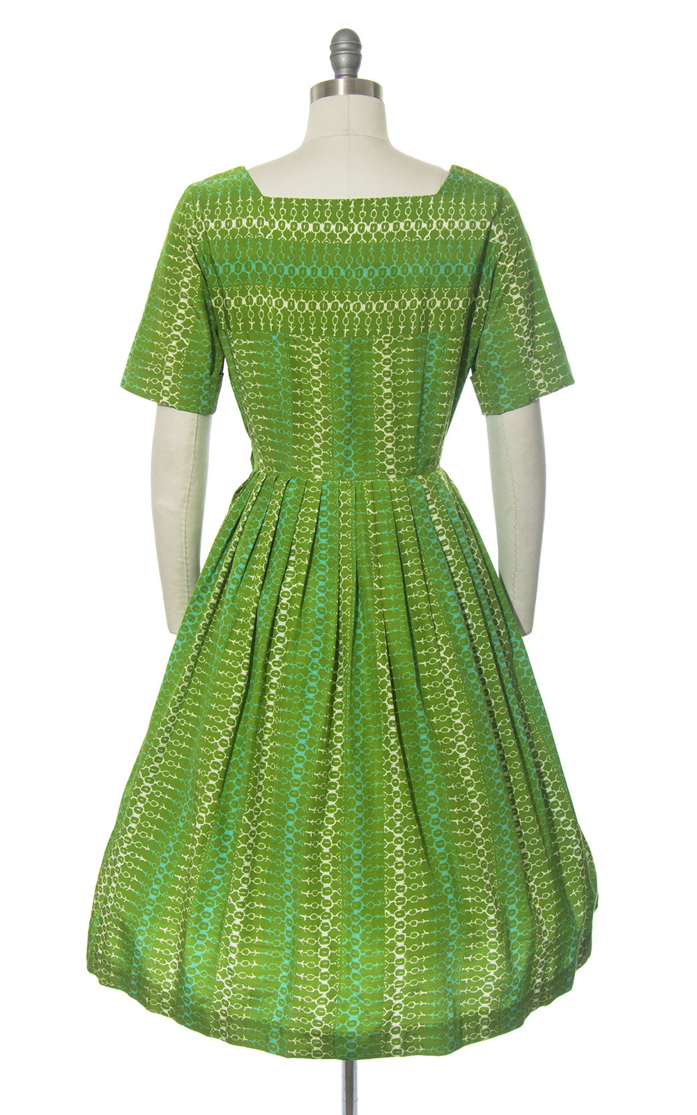 Vintage 1950s | 50s Striped Printed Green Turquoise Rayon Cotton Full Skirt Day Dress (medium)