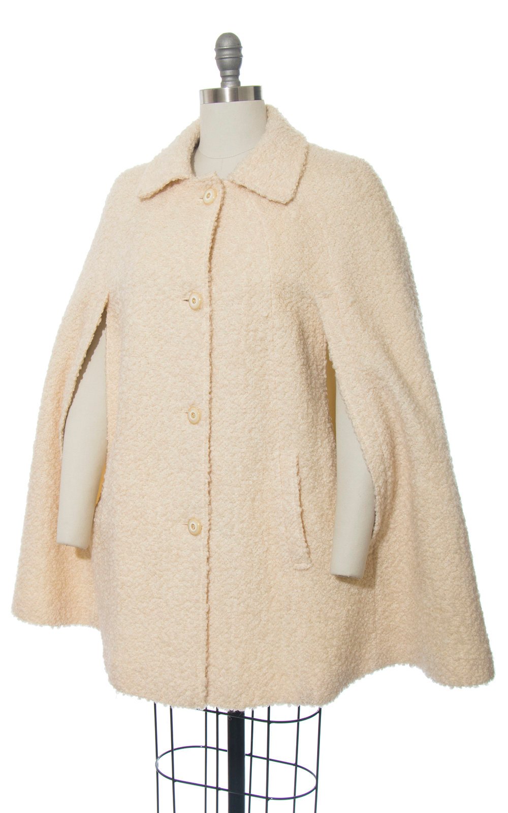 Vintage 1960s Cape | 60s Cream Bouclé Wool Coat with Pockets (small/medium)
