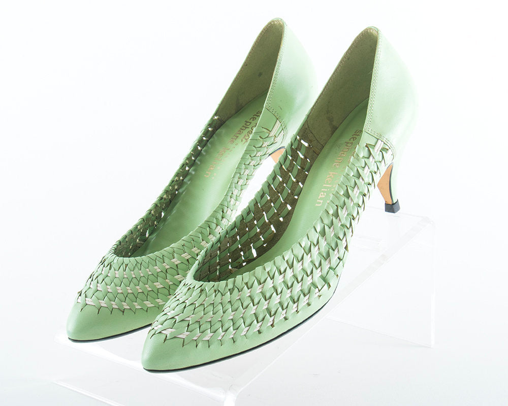 Vintage 1980s Shoes | 80s Woven Leather Mint Green High Heels (size 10)