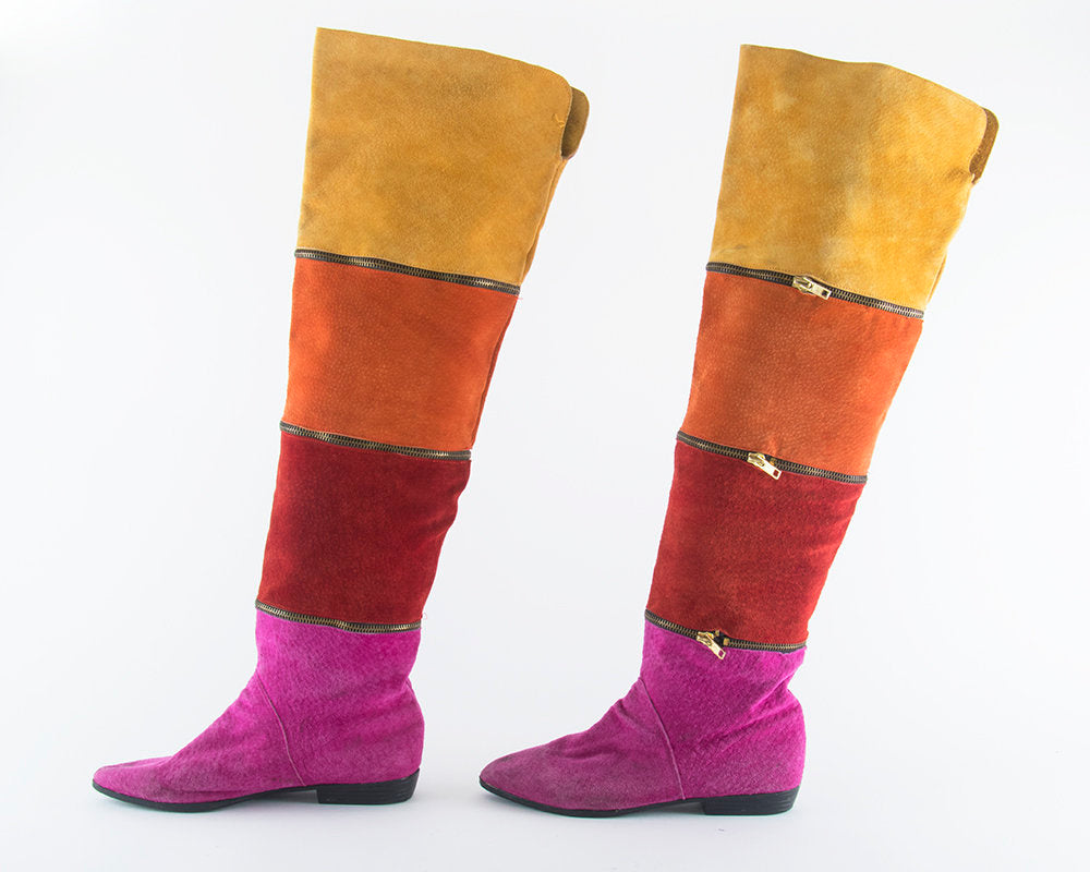 Vintage 1980s Boots | 80s Rainbow Striped Suede Zippers Over The Knee High Almond Toes Boots (size US 7/7.5)
