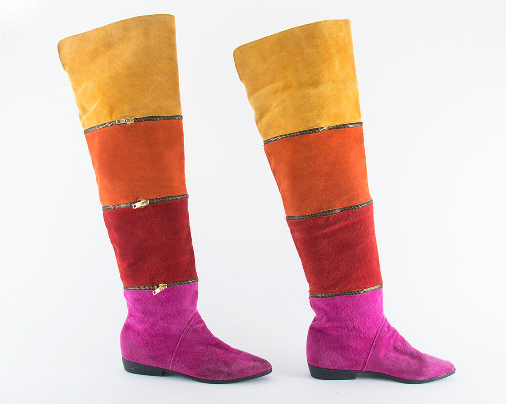 Vintage 1980s Boots | 80s Rainbow Striped Suede Zippers Over The Knee High Almond Toes Boots (size US 7/7.5)