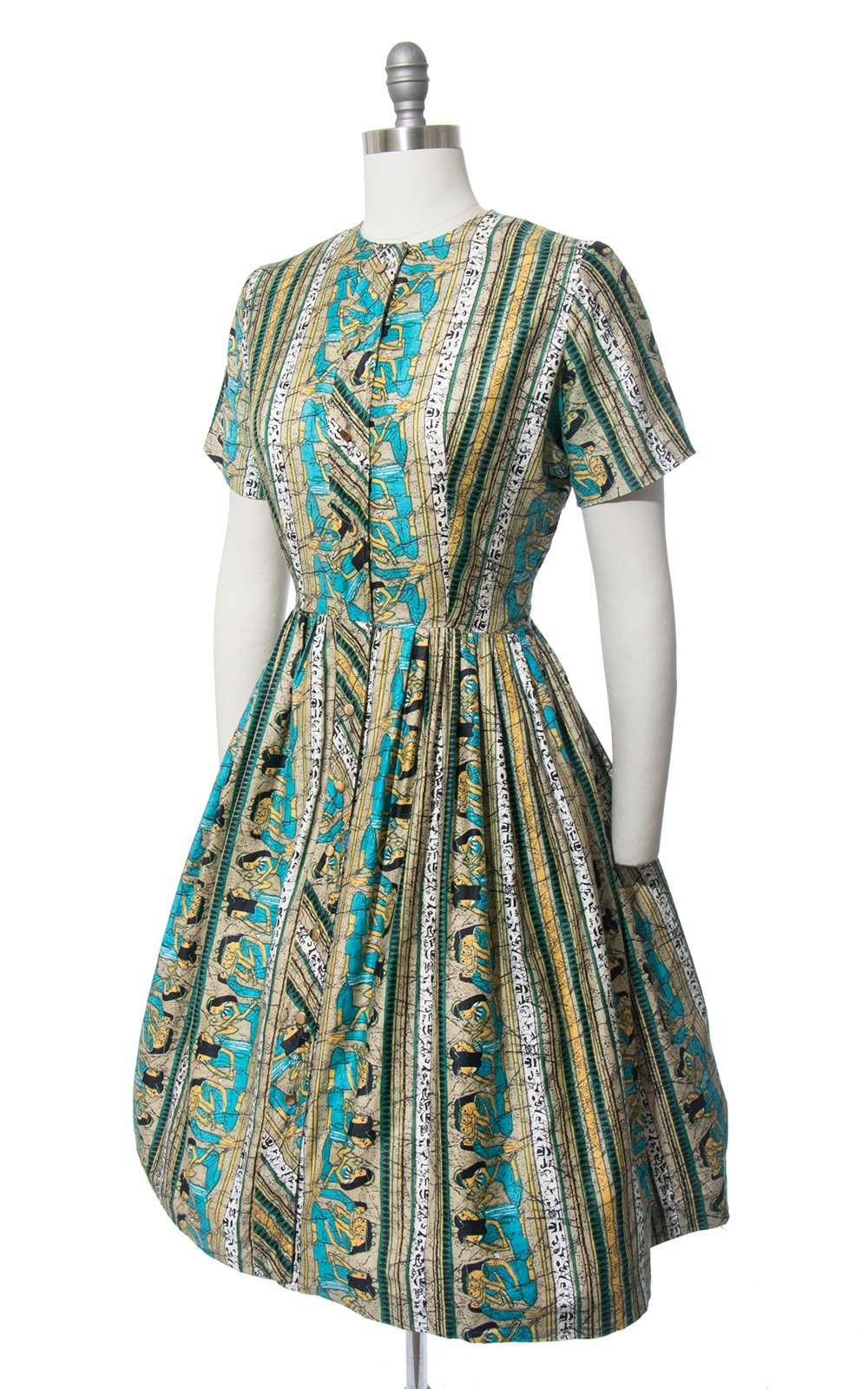 Vintage 1950s 1960s Dress | 50s 60s Egyptian Novelty Print Cotton Shirt Dress Full Skirt Shirtwaist Day Dress (medium/large)