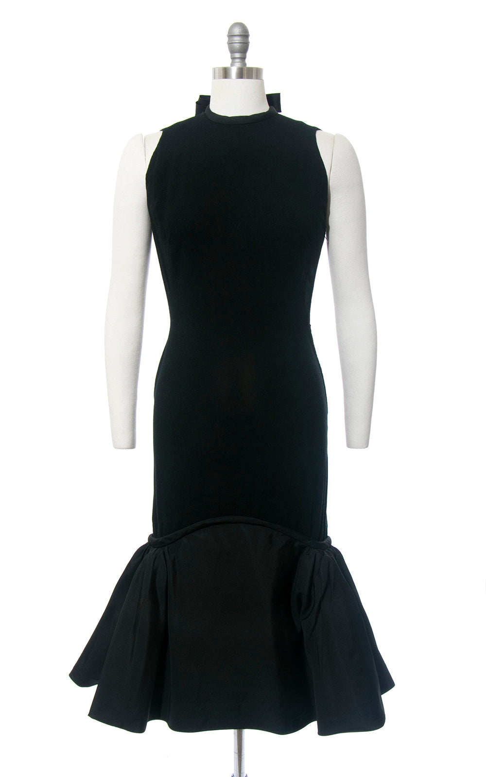 Vintage 1950s Dress | 50s PAULINE TRIGÉRE Black Wool Taffeta Mermaid Flounce Hem Open Back Bombshell Designer Cocktail Party Gown (medium)