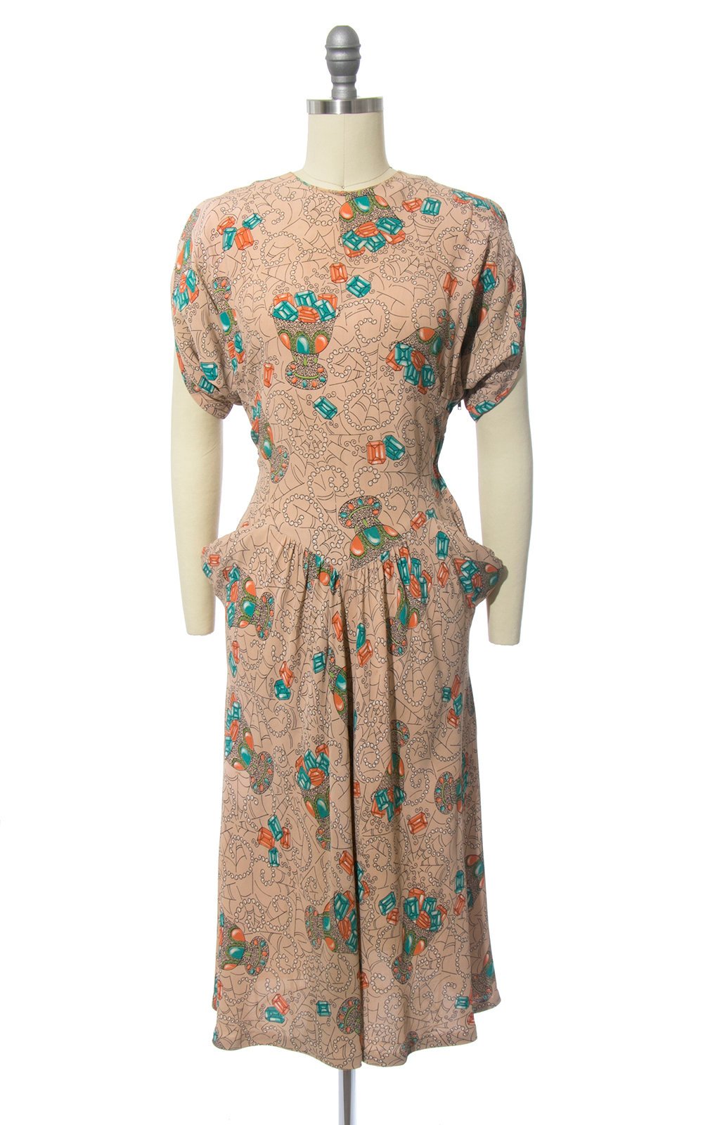 RARE Vintage 1940s Dress | 40s Spiderweb Gems Novelty Print Rayon Crepe Nude Cocktail Evening Dress w/ Pockets (small)
