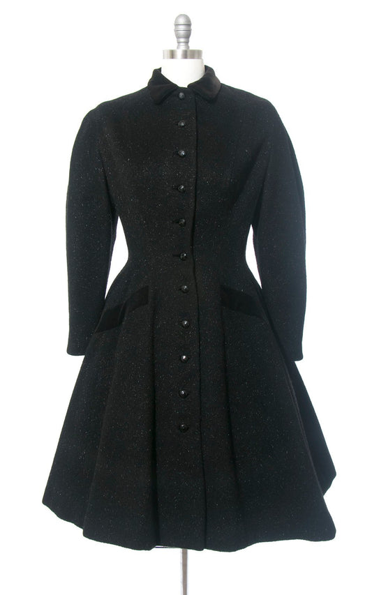 Vintage 1950s Princess Coat | 50s LILLI ANN Black Wool Mohair Velvet Trim Wasp Waist New Look Full Skirt Warm Winter Coat (medium)