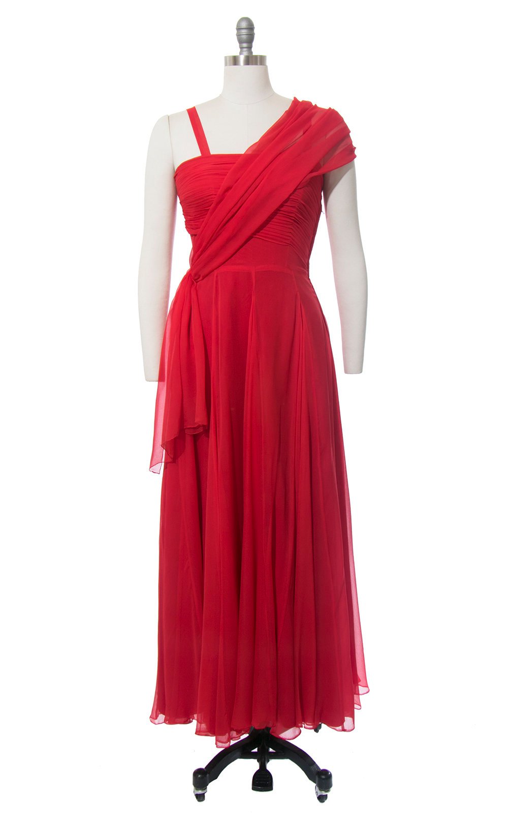 Vintage 1950s Dress | 50s Red Silk Chiffon Pleated Party Dress Full Length Holiday Evening Gown with Waterfall Sash (small)