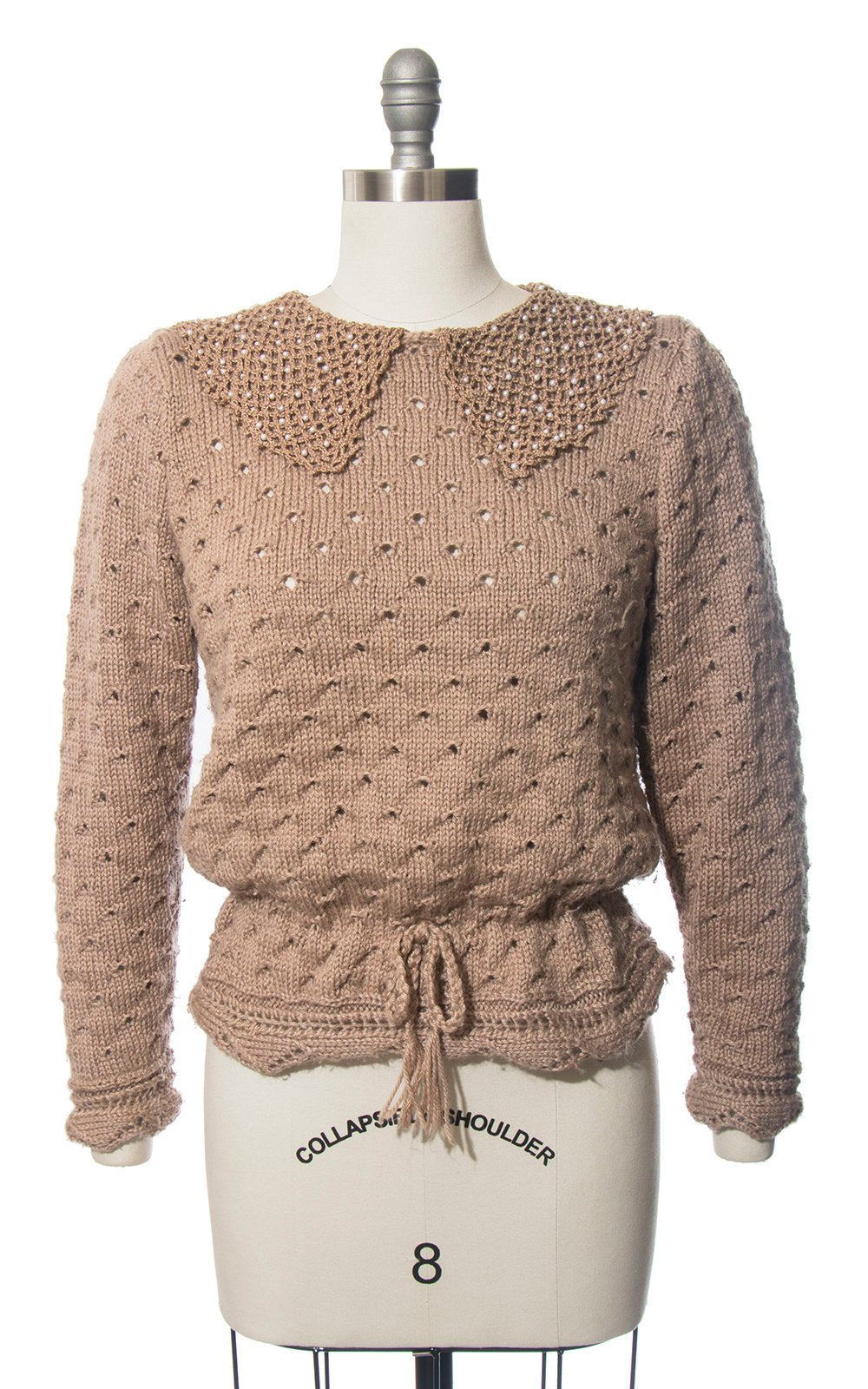 Vintage 1970s Sweater | 70s Tan Open Knit Faux Pearl Beaded Collar Pullover Sweater Top (medium/large)