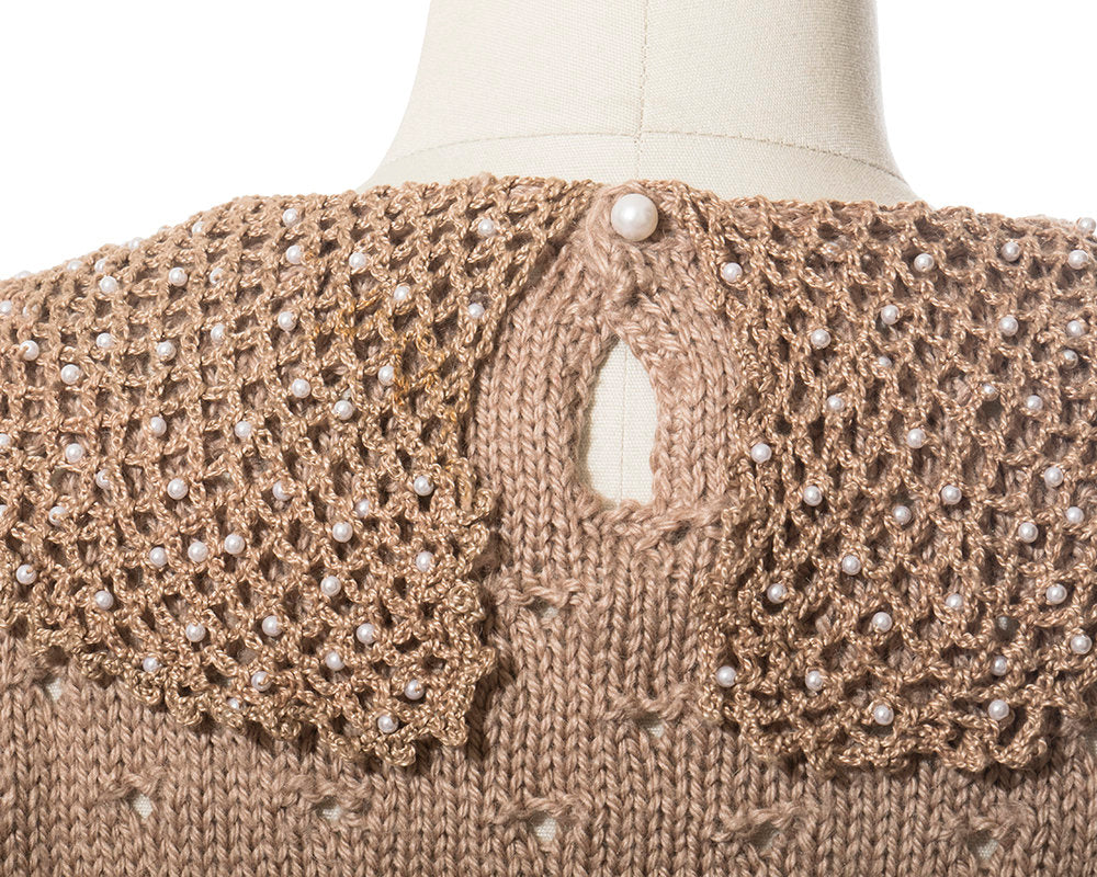 Vintage 1970s Sweater | 70s Tan Open Knit Faux Pearl Beaded Collar Pullover Sweater Top (medium/large)