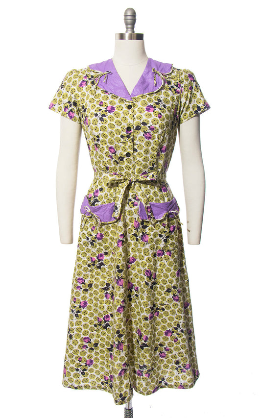 Vintage 1940s Dress | 40s Rose Floral Polka Dot Print Cotton Shirt Dress Purple Lime Green Shirtwaist Day Dress with Pockets (medium)
