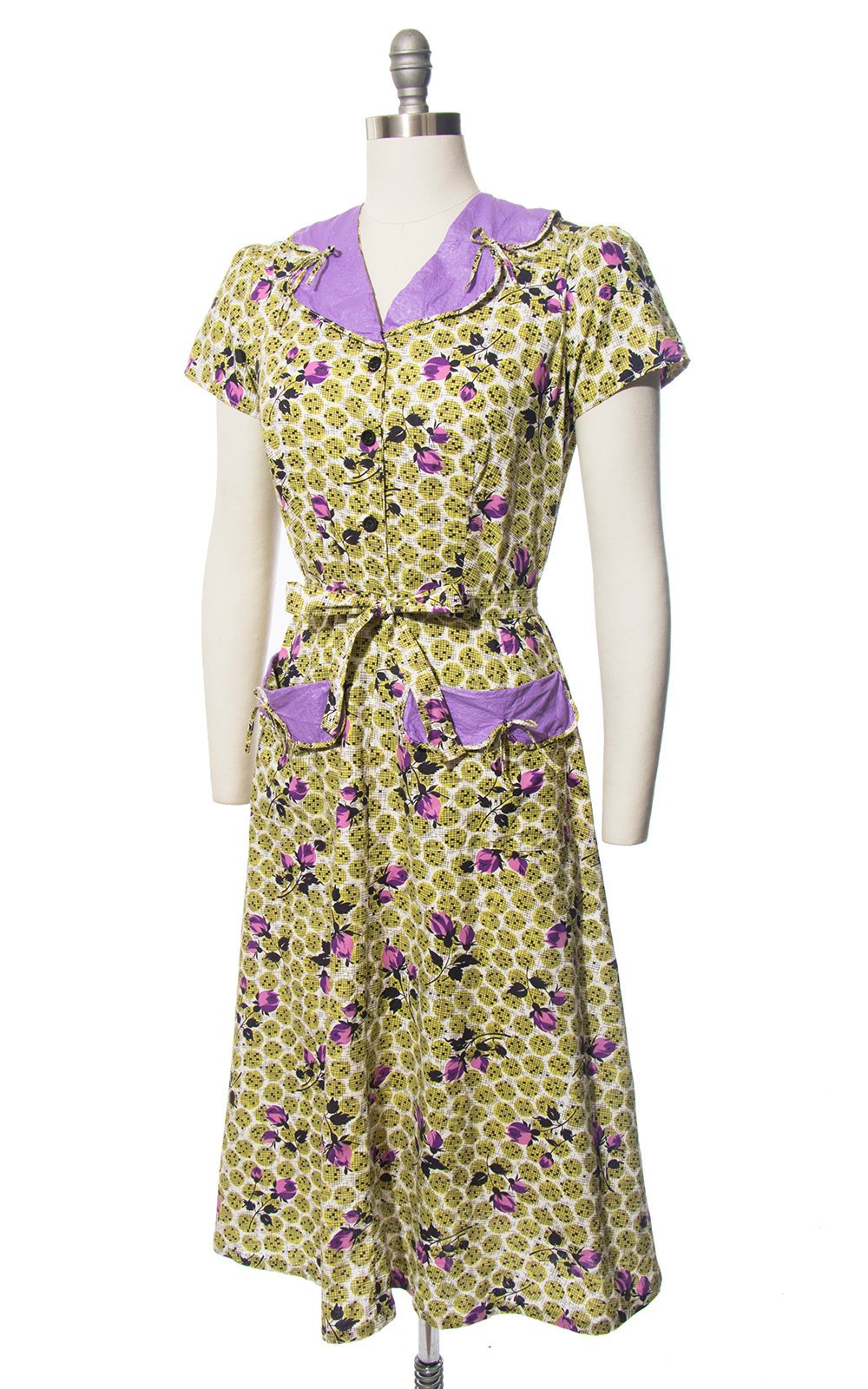 Vintage 1940s Dress | 40s Rose Floral Polka Dot Print Cotton Shirt Dress Purple Lime Green Shirtwaist Day Dress with Pockets (medium)