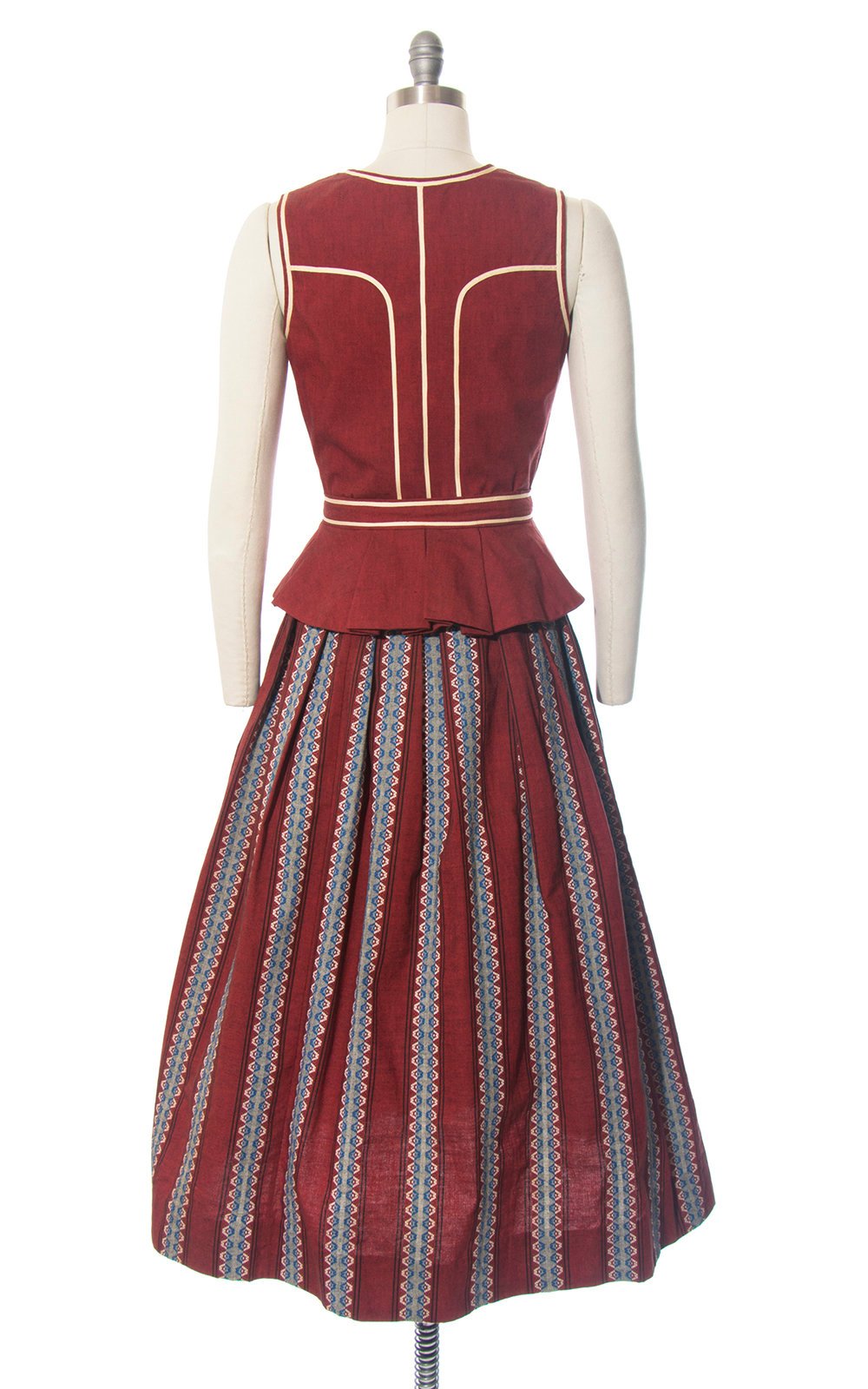 Vintage 1950s Dirndl Dress | 50s Striped Cotton Sundress Burgundy Lace Up Traditional Oktoberfest Dirndl w/ Attachable Peplum (small)