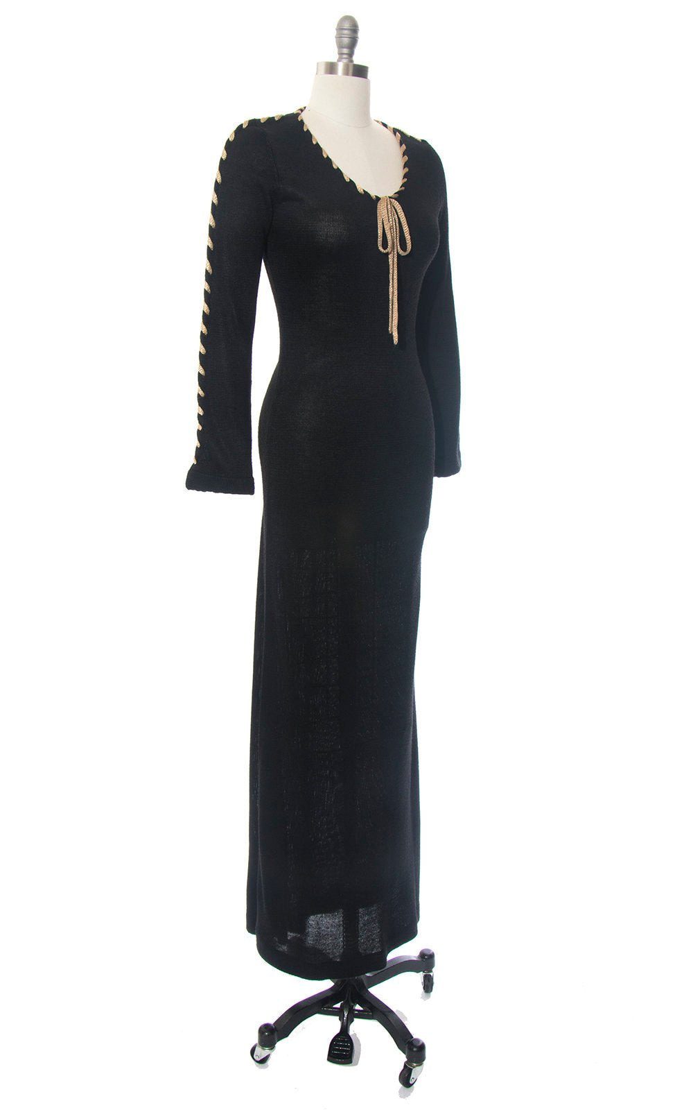 Vintage 1970s Sweater Dress | 70s Black Knit Rayon Acrylic Laced Up Long Sleeve Witchy Maxi Dress (small/medium)