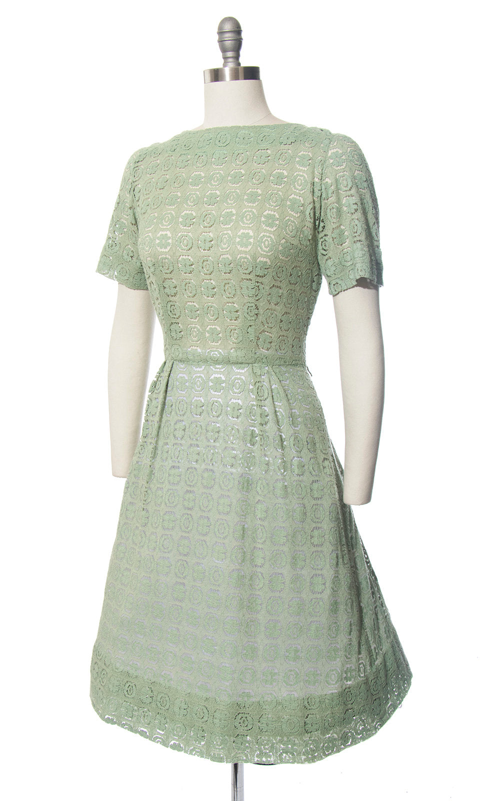 Vintage 1950s Dress | 50s Sage Green Lace Sheer Full Skirt Day Dress (medium)