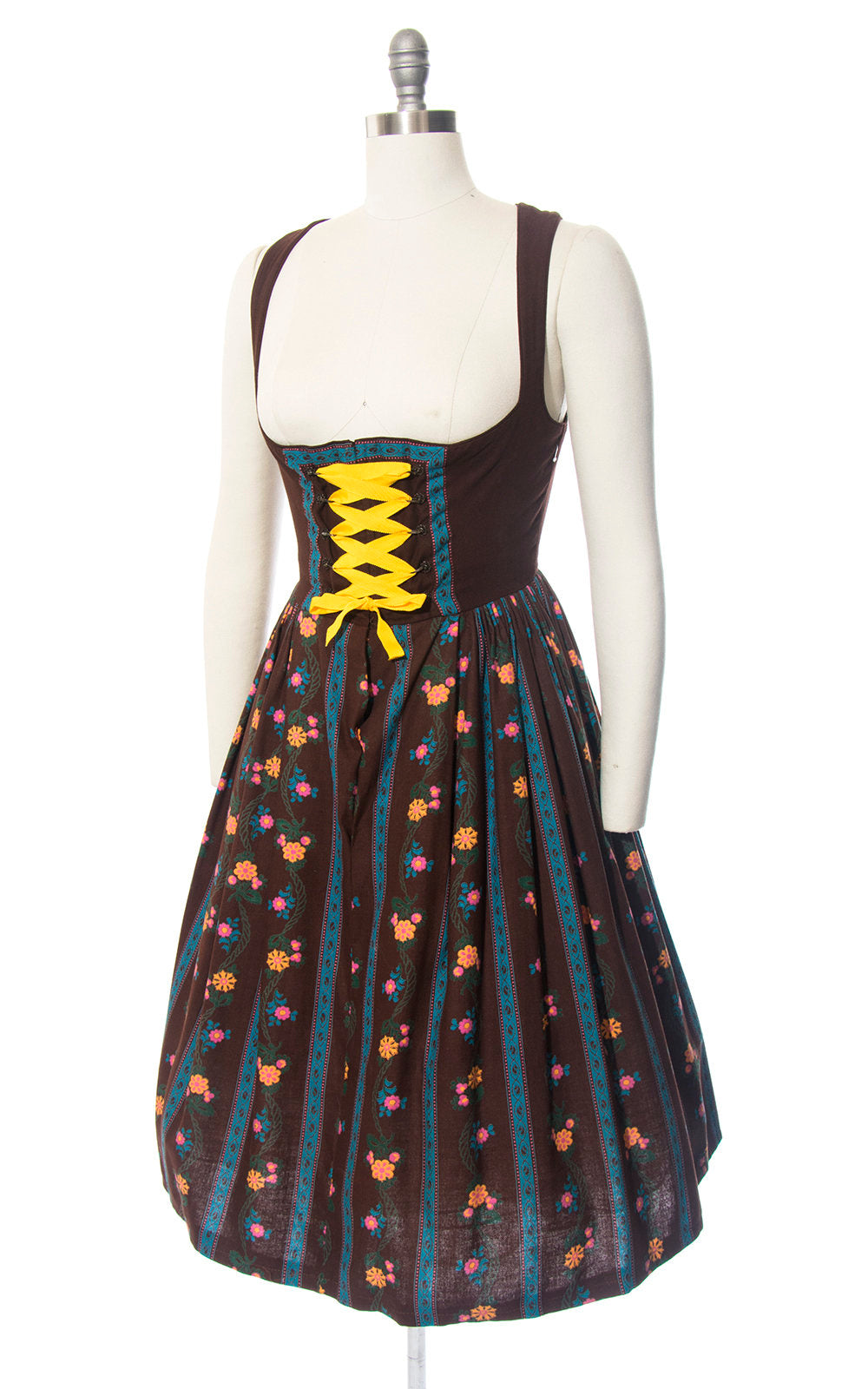 Vintage 1970s Dirndl Dress | 70s Floral Striped Cotton Sundress Brown Traditional Austrian Oktoberfest Dirndl (medium)