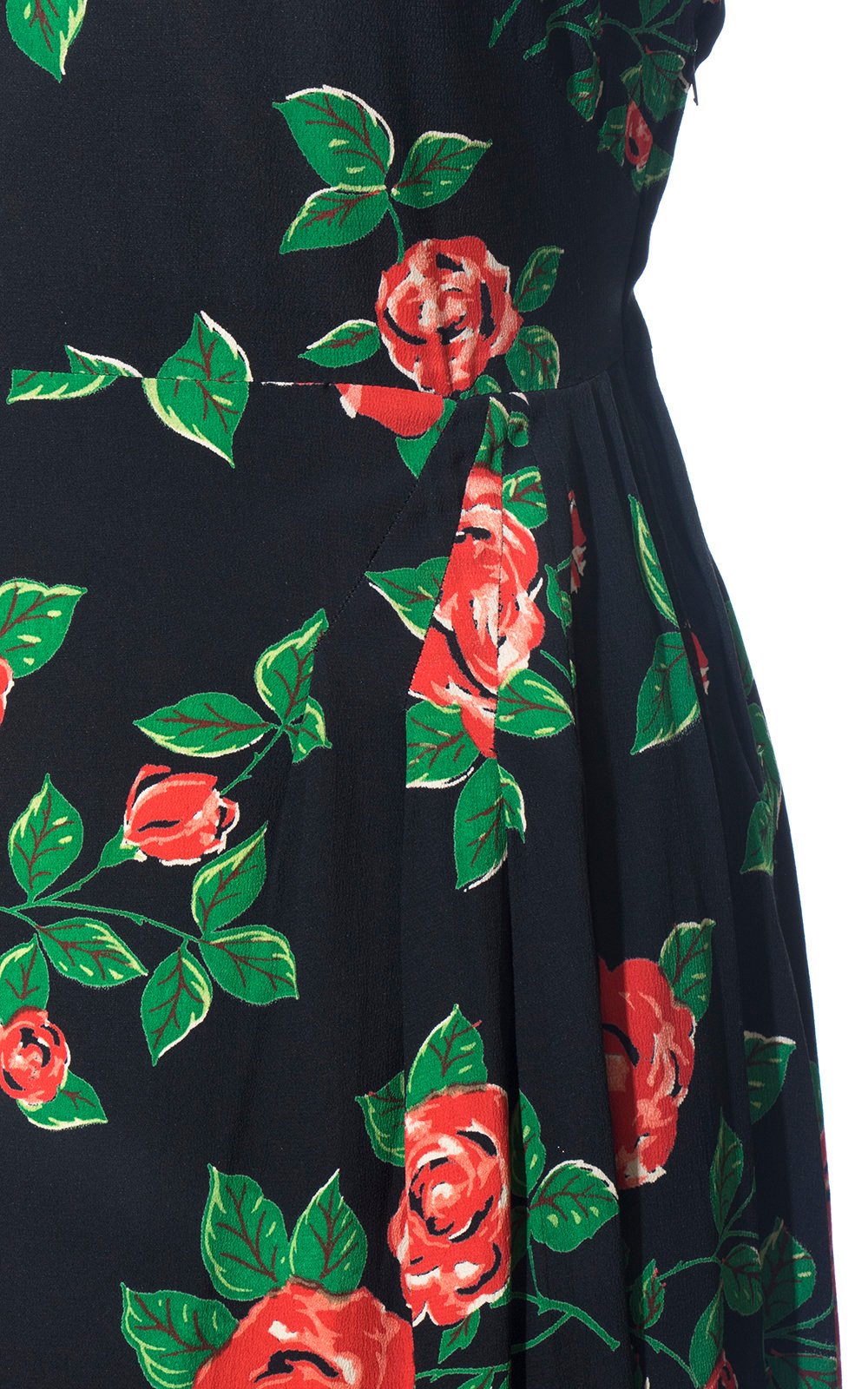 Vintage 1940s Dress | 40s Rose Floral Print Rayon Crepe Black Red Draped Wiggle Cocktail Dress (medium)