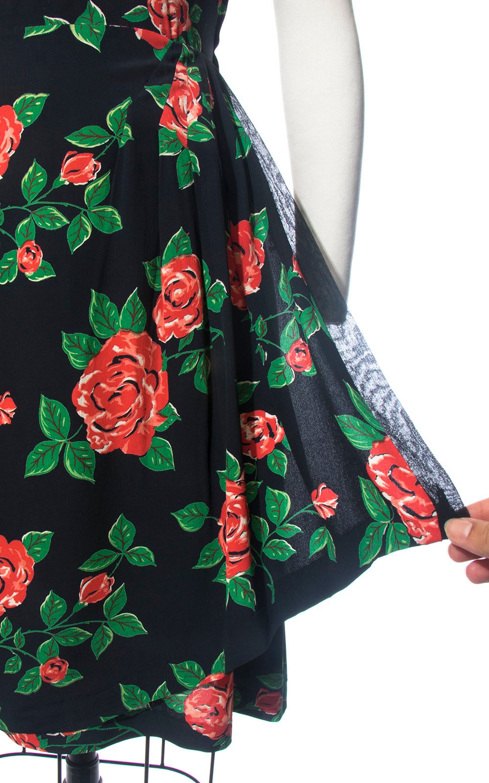 Vintage 1940s Dress | 40s Rose Floral Print Rayon Crepe Black Red Draped Wiggle Cocktail Dress (medium)