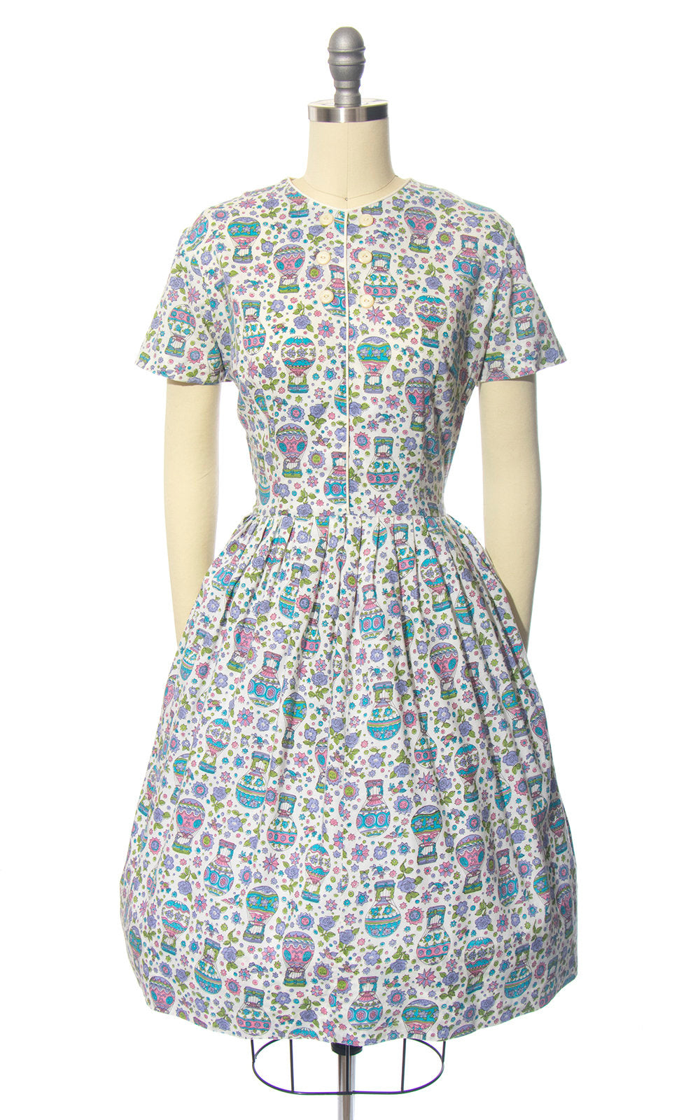 Vintage 1950s Dress | 50s MODE O&#39; DAY Novelty Print Cotton Hot Air Balloon Rose Floral White Full Skirt Day Dress (small/medium)