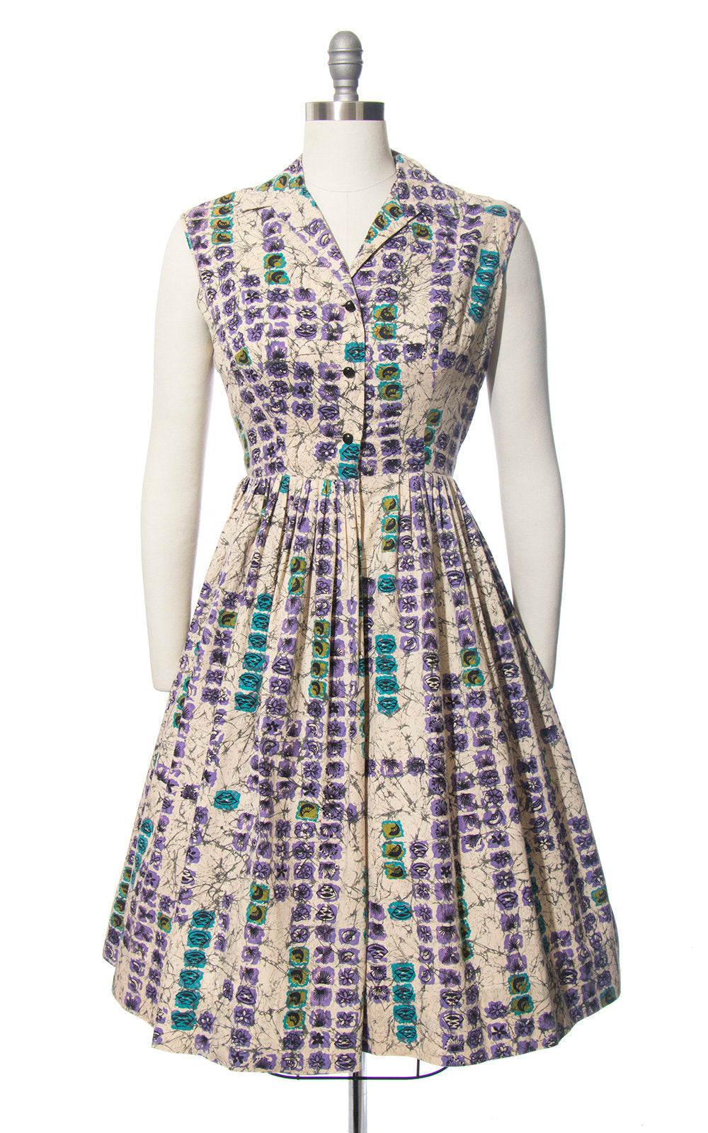 Vintage 1950s Dress | 50s MODE O&#39; DAY Floral Batik Printed Cotton Sundress Shirtwaist Sleeveless Day Dress (medium)