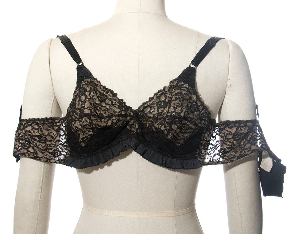 Vintage 1950s Bullet Bra | 50s Sheer Black Lace Full Coverage Bra Without Underwire (32C)