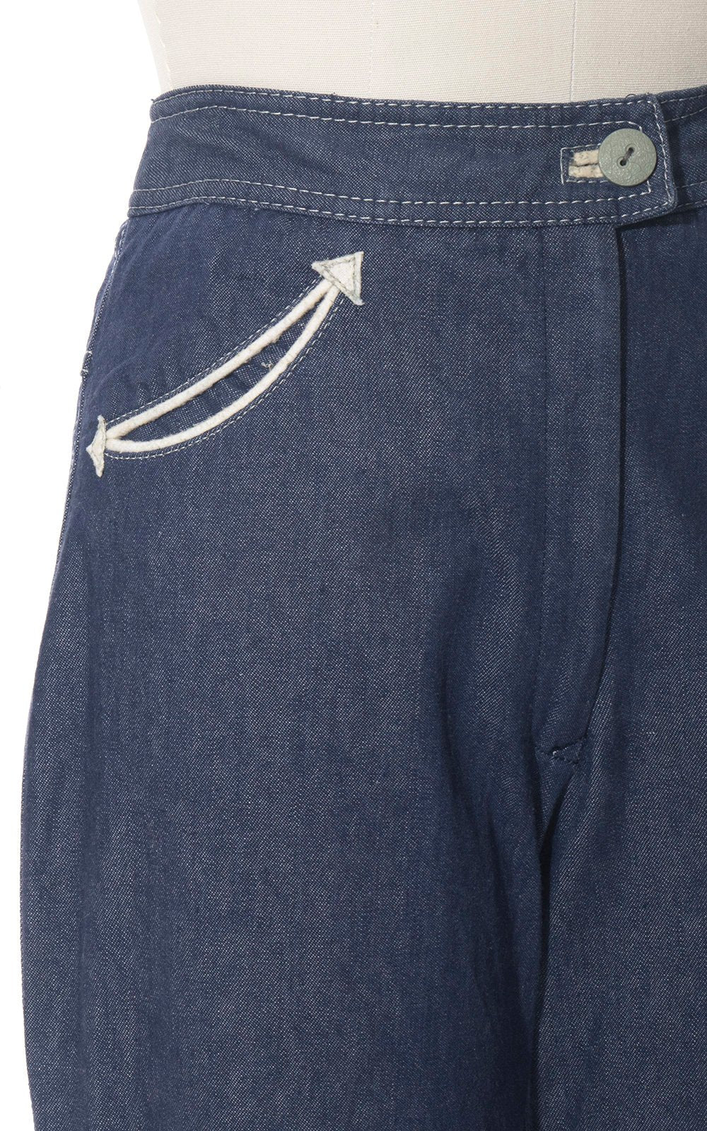 Vintage 1970s Jeans | 70s MS PIONEER Western Bell Bottoms Blue Denim High Waisted Arrow Pockets Flared Pants (medium)