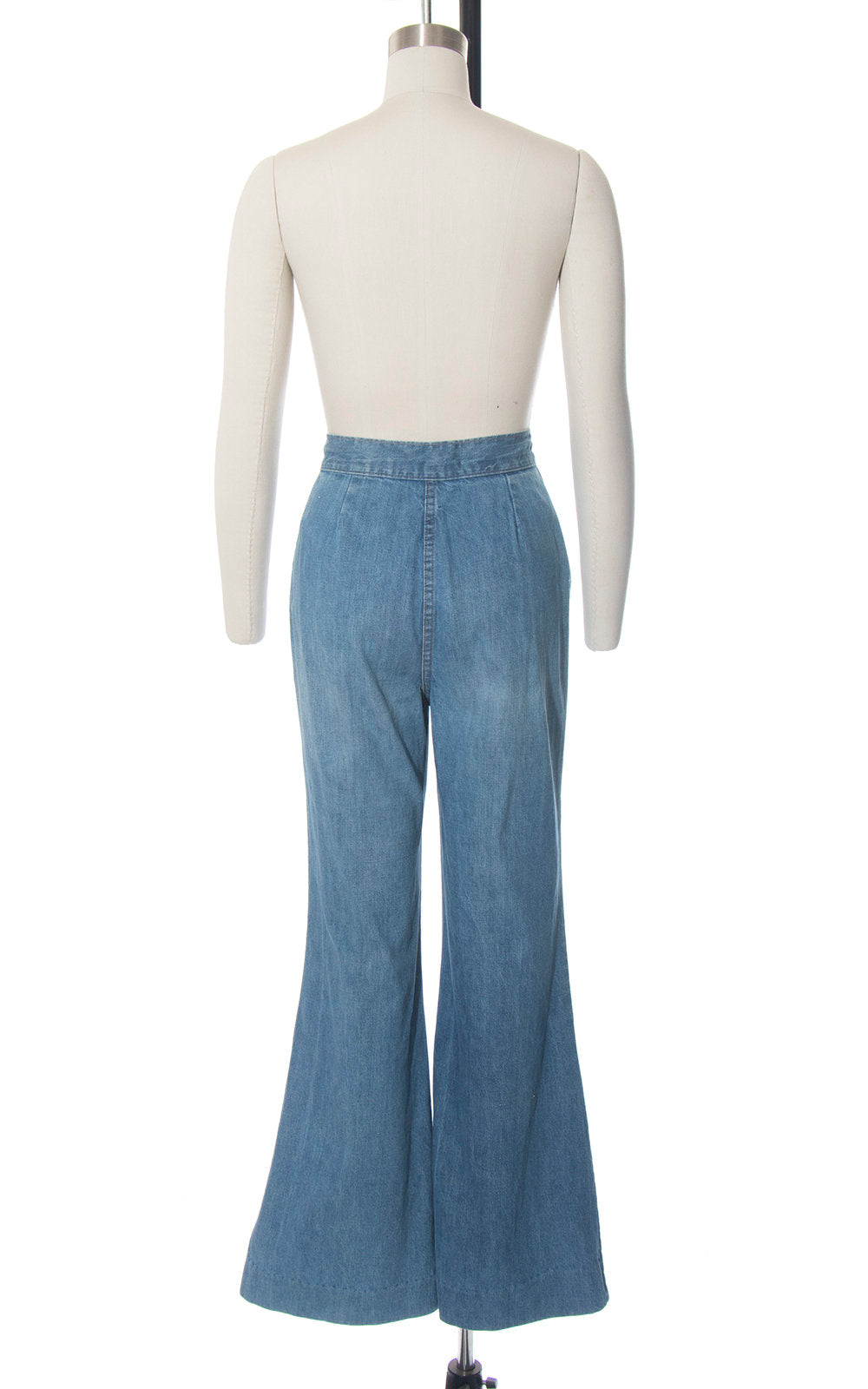 Vintage 1970s Bell Bottoms | 70s Double Zippered Light Blue Wash Denim Jeans High Waisted Distressed Flared Pants (medium)