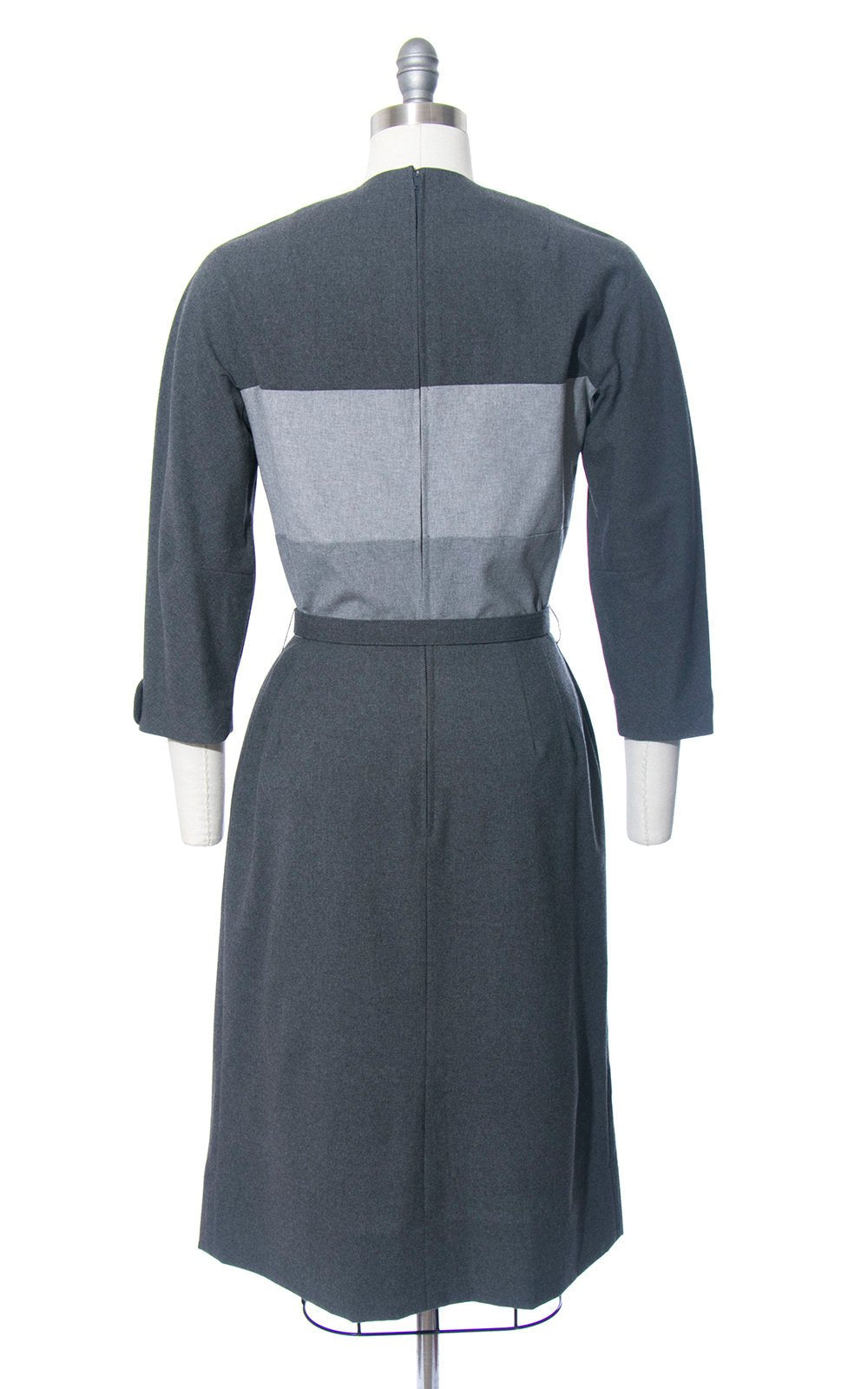 Vintage 1960s Dress | 60s Grey Wool Color Block Wiggle Dress Blade Runner Rachel Striped Day Dress (medium)