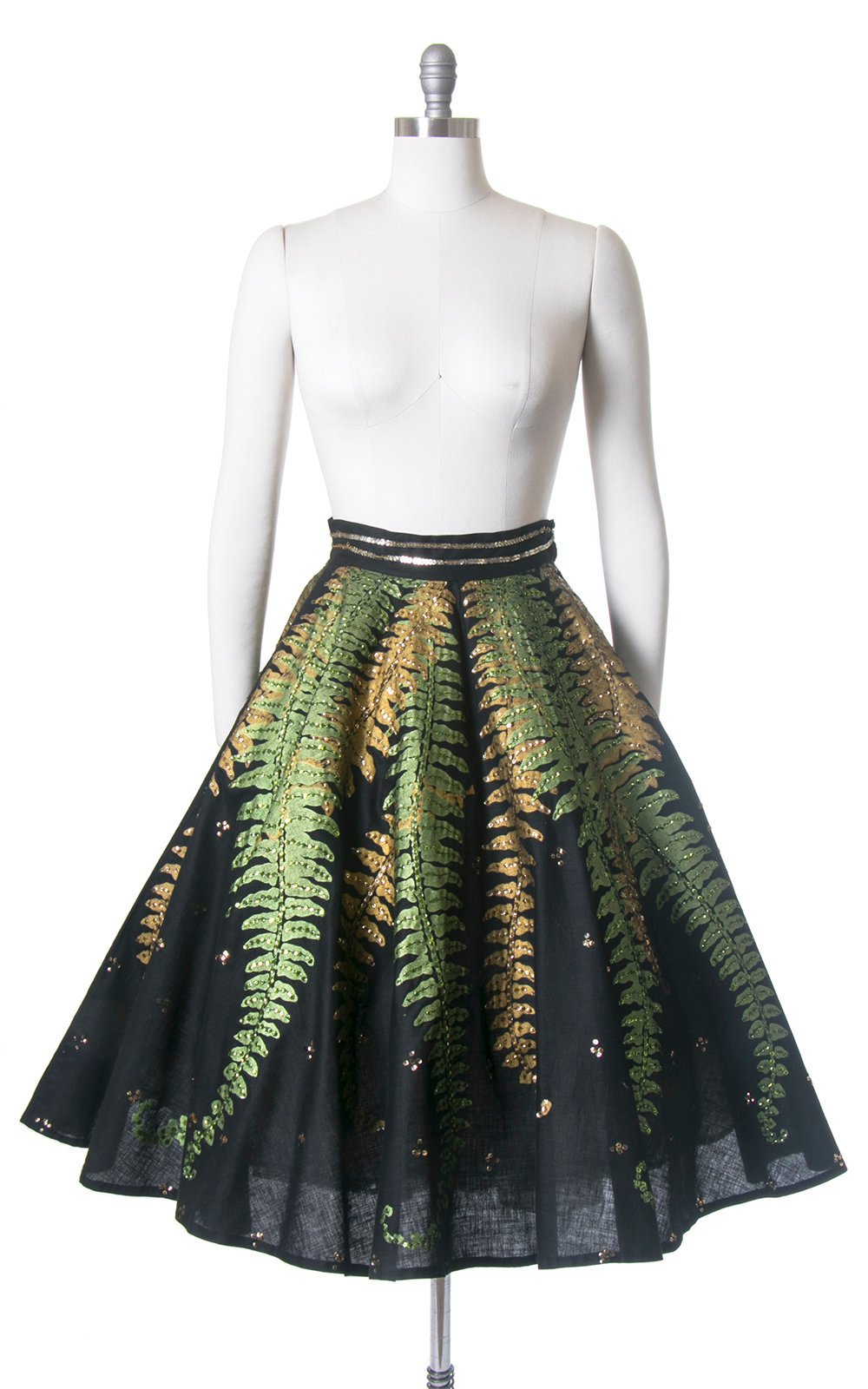 RARE Vintage 1950s Circle Skirt | 50s Mexican Sequin Fern Novelty Print Black Cotton Hand Painted Souvenir Skirt (small)