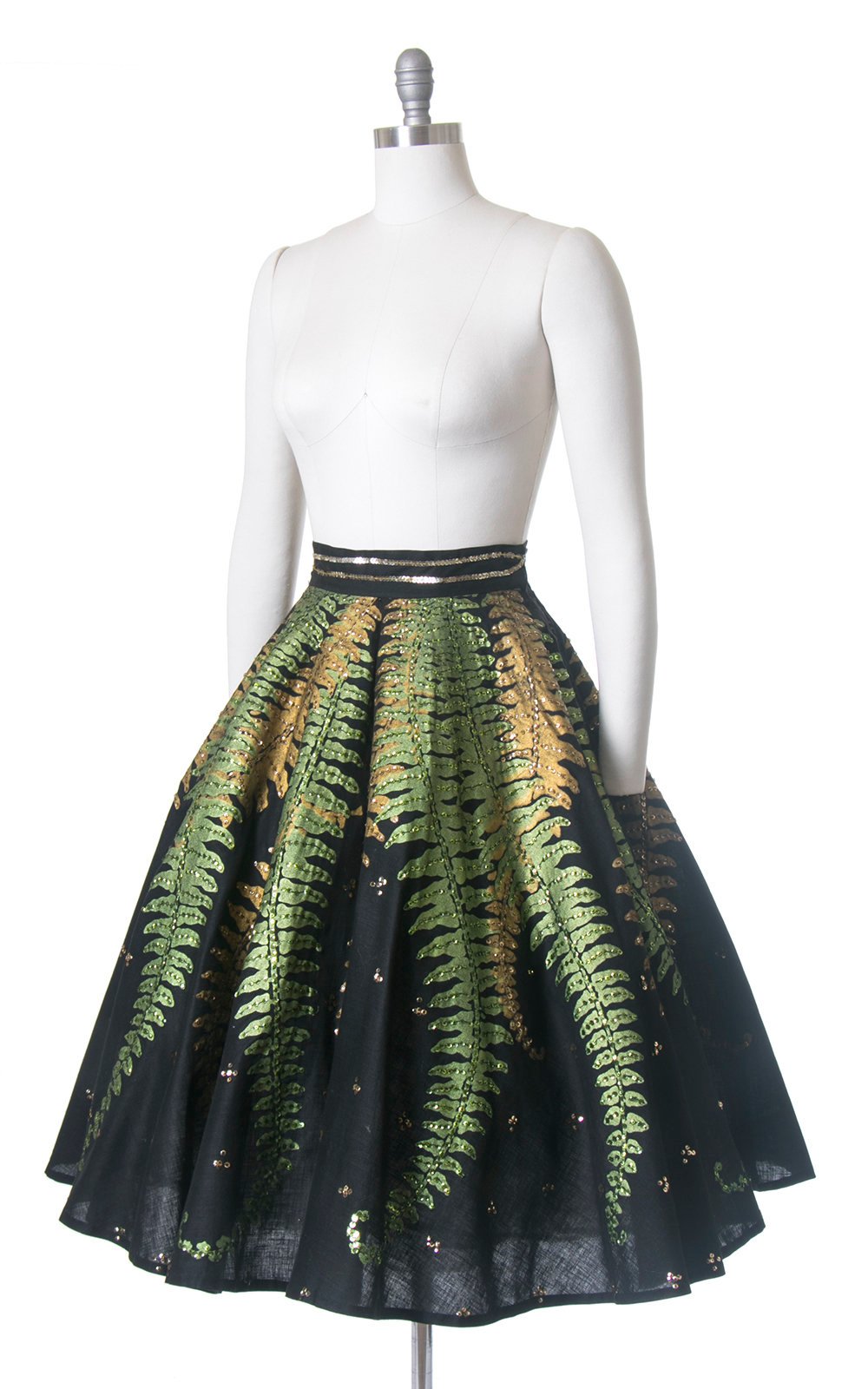 RARE Vintage 1950s Circle Skirt | 50s Mexican Sequin Fern Novelty Print Black Cotton Hand Painted Souvenir Skirt (small)