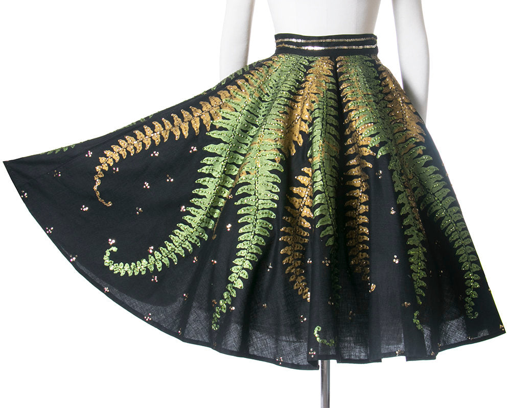 RARE Vintage 1950s Circle Skirt | 50s Mexican Sequin Fern Novelty Print Black Cotton Hand Painted Souvenir Skirt (small)