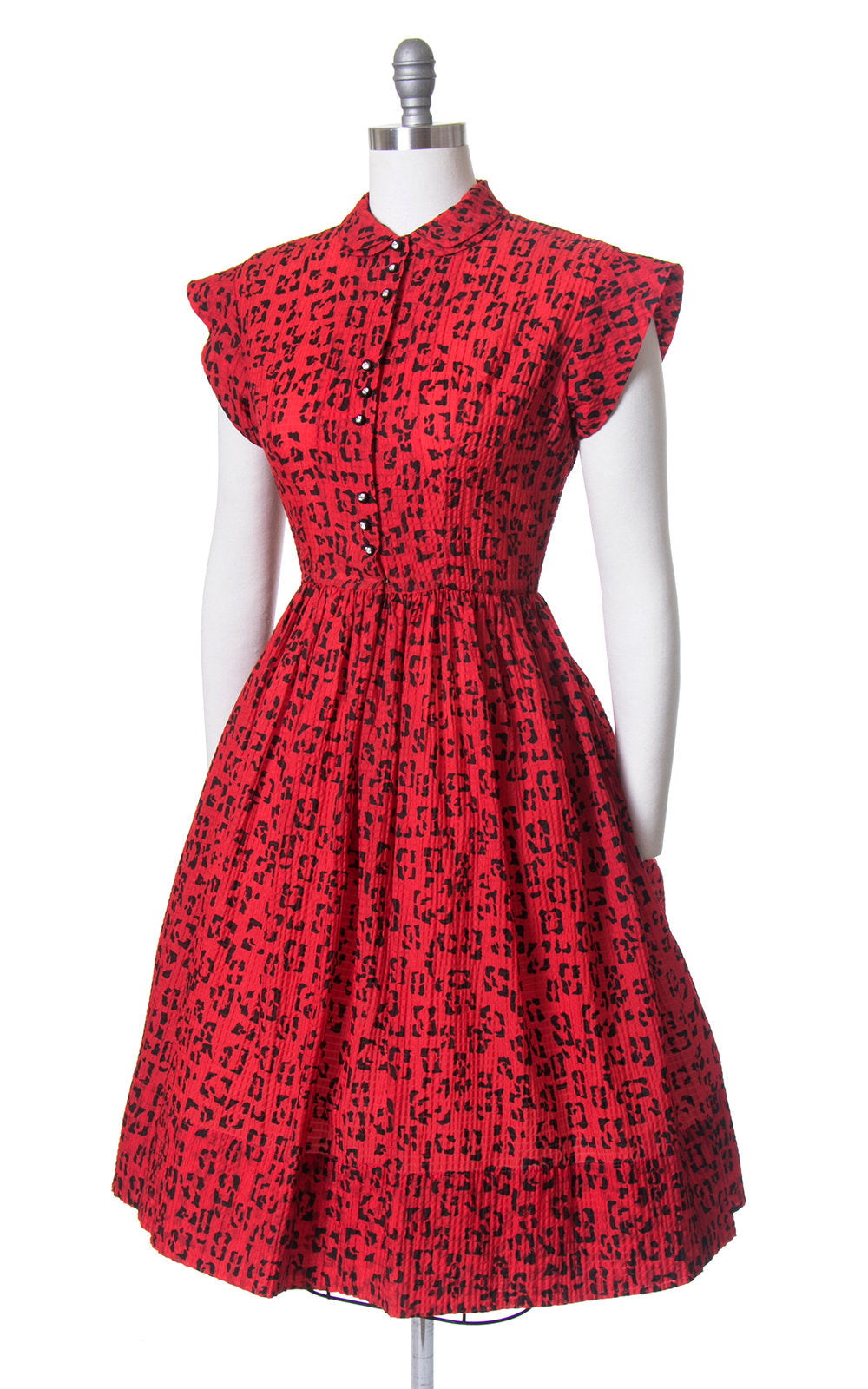 Vintage 1950s Dress | 50s Red Leopard Print Nylon Shirt Dress Animal Print Rhinestone Buttons Full Skirt Shirtwaist Day Dress (small/medium)