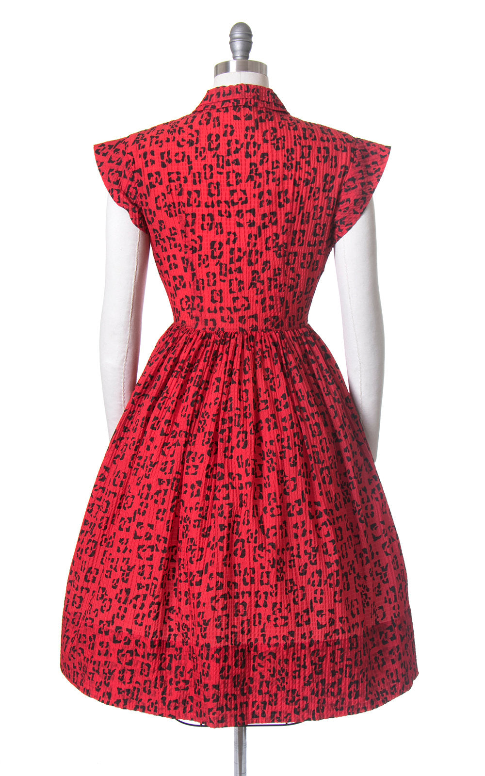Vintage 1950s Dress | 50s Red Leopard Print Nylon Shirt Dress Animal Print Rhinestone Buttons Full Skirt Shirtwaist Day Dress (small/medium)