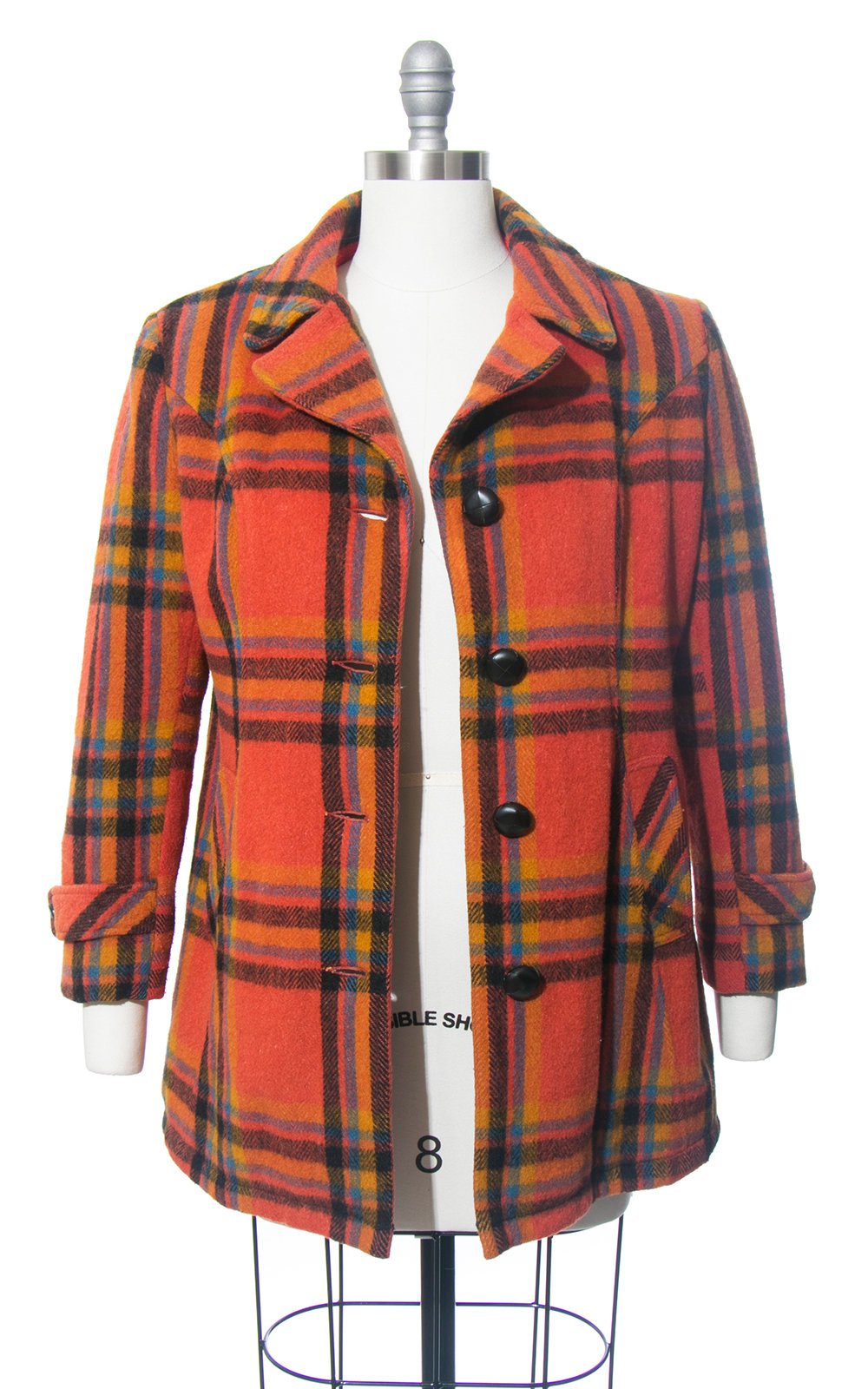 Vintage 1970s Coat | 70s Orange Plaid Pea Coat Short Warm Winter Jacket (medium)