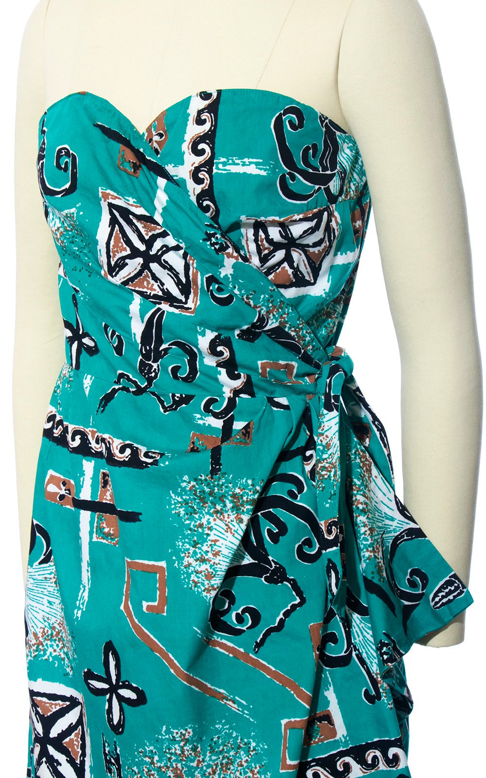 Vintage 1950s Sarong Dress | 50s ALFRED SHAHEEN Hawaiian Novelty Print Floral Cotton Teal Strapless Wiggle Wrap Tiki Sundress (small)