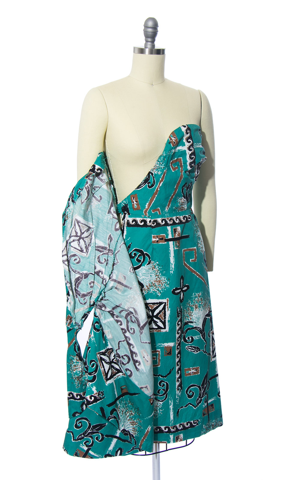 Vintage 1950s Sarong Dress | 50s ALFRED SHAHEEN Hawaiian Novelty Print Floral Cotton Teal Strapless Wiggle Wrap Tiki Sundress (small)